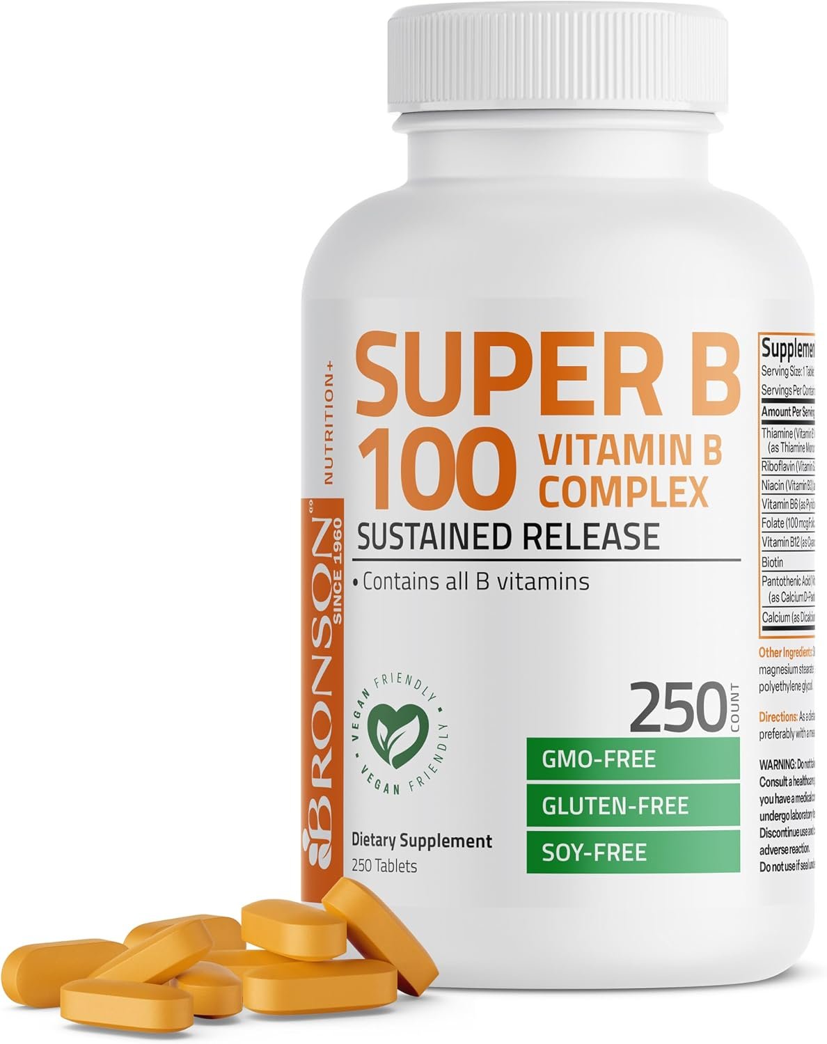 Bronson Super B100 Vitamin B Complex Sustained Release, 250 Tablets | B1, B2, B3, B6, Folic Acid, B12, Biotin & Pantothenic Acid, Energy & Nerve Support, Non-GMO, Gluten-Free & Soy-Free
