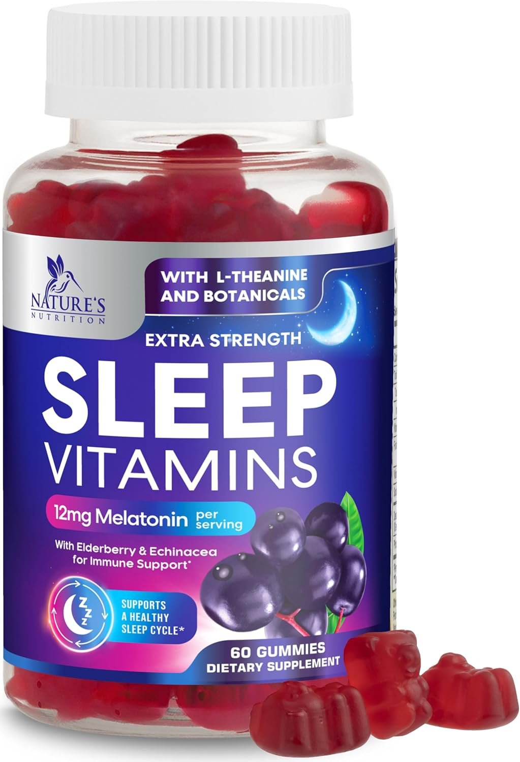 Sleep Gummies with Melatonin – Extra Strength Sleep Vitamin Gummy with L-Theanine & Chamomile – Natural Melatonin 12 mg Per Serving, Adult Sleep Support Supplement, Vegan, Berry Flavored – 60 Gummies