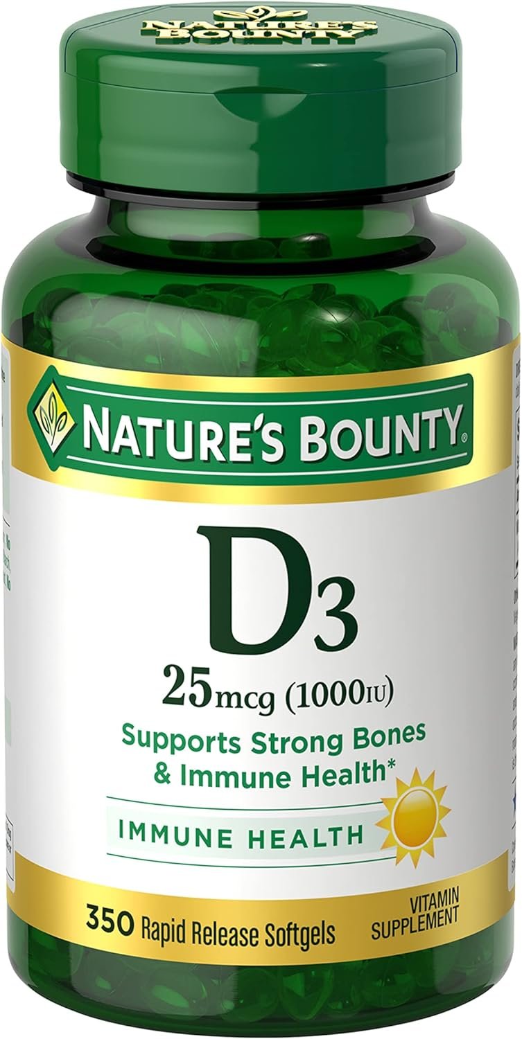 Nature’s Bounty Vitamin D3 1000 IU Softgels, Immune Support, Promotes Healthy Bones, 1 Softgel per Day, Gluten Free, 350 Count