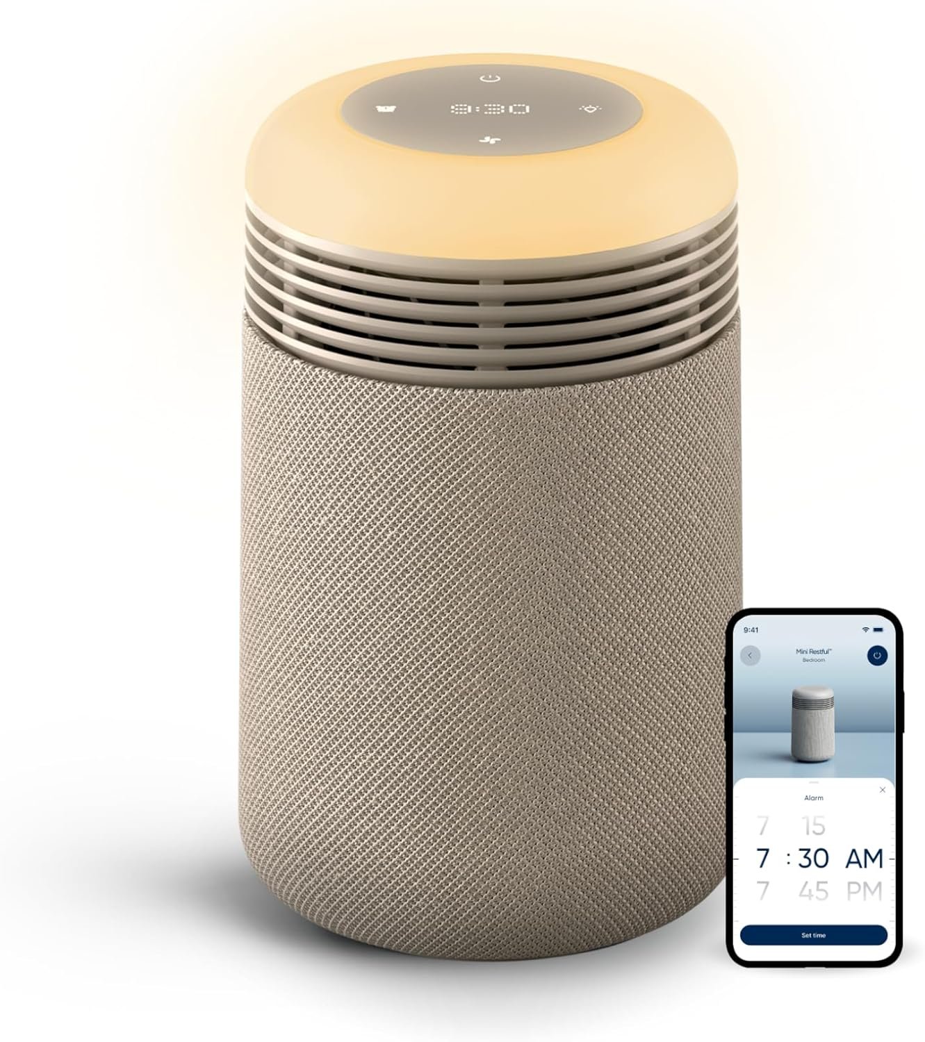 BLUEAIR Mini Restful Bedroom Air Purifier with Sunrise Alarm Clock, Beige | HEPASilent air purification, sunrise alarm, adjustable nightlight, clock, app-set alarms with sounds and schedules, USB-C
