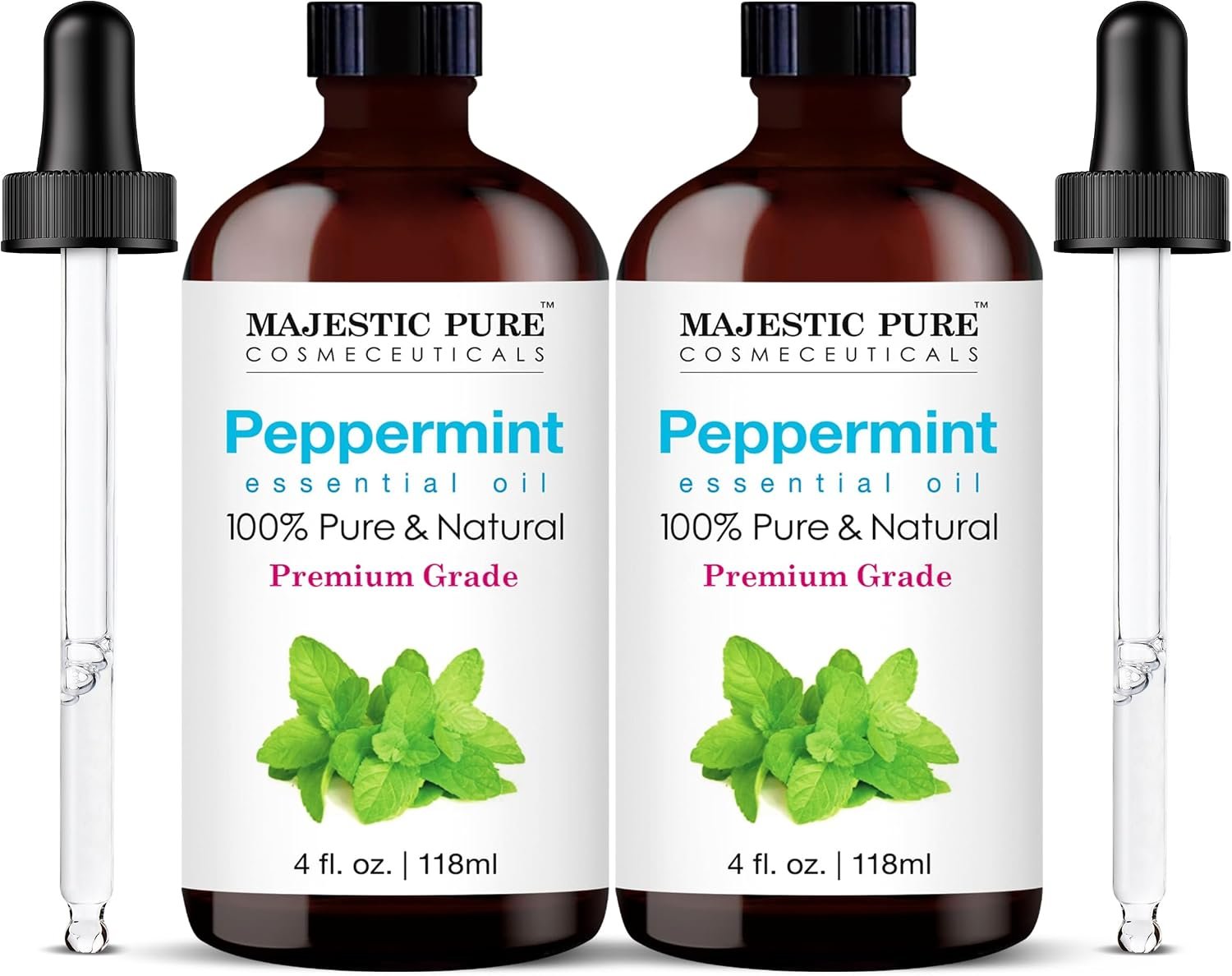 Majestic Pure Peppermint Essential Oil for Diffuser – 4 Fl Oz (Pack of 2) | 100% Pure & Natural Essentials Oils for Relaxing Tense Mood, Eliminating Odor, Creating Peaceful Atmosphere for Sleep & Work