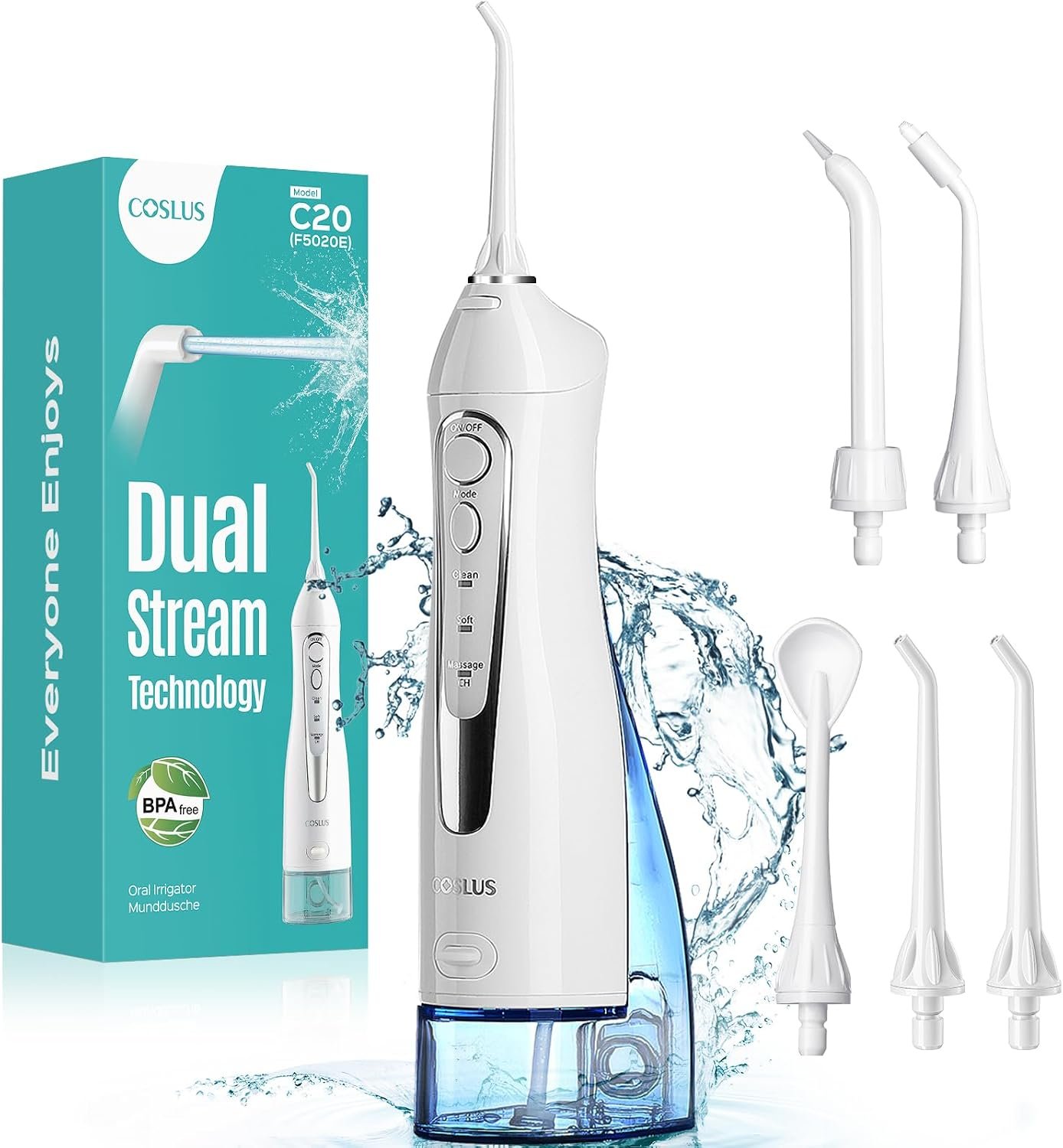 COSLUS ADA Accepted C20 Water Dental Flosser Teeth Pick, 300ML Larger Tank | Portable Rechargeable Oral Irrigator for Orthodontic & Sensitive Gums, Cordless for Travel, Family, Professional Set, White