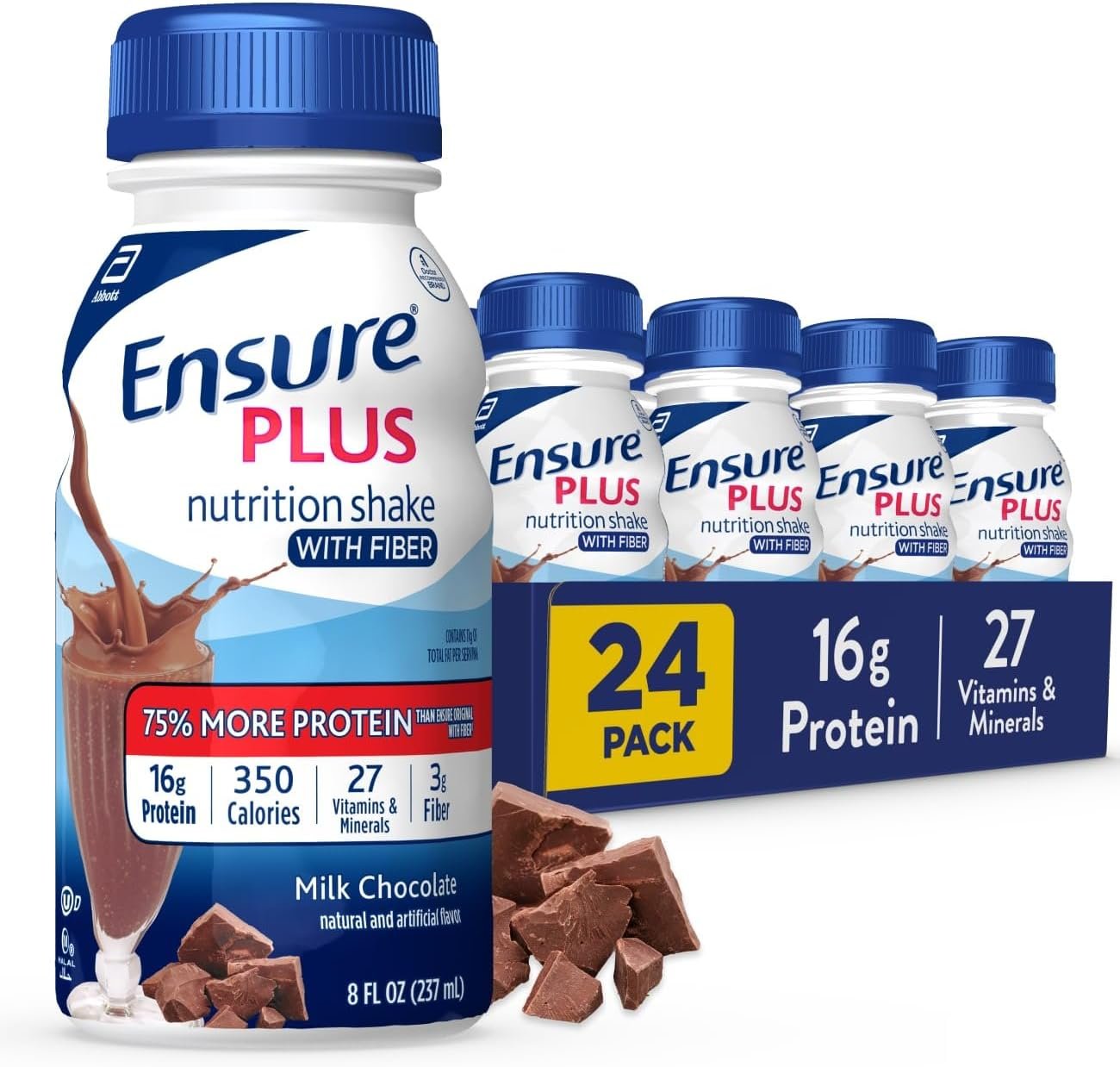 Ensure Plus Milk Chocolate Nutrition Shake with Fiber | Meal Replacement Shake | Ready to Drink | 16g Protein and 27 Vitamins and Minerals | 8 fl oz – 24 Pack
