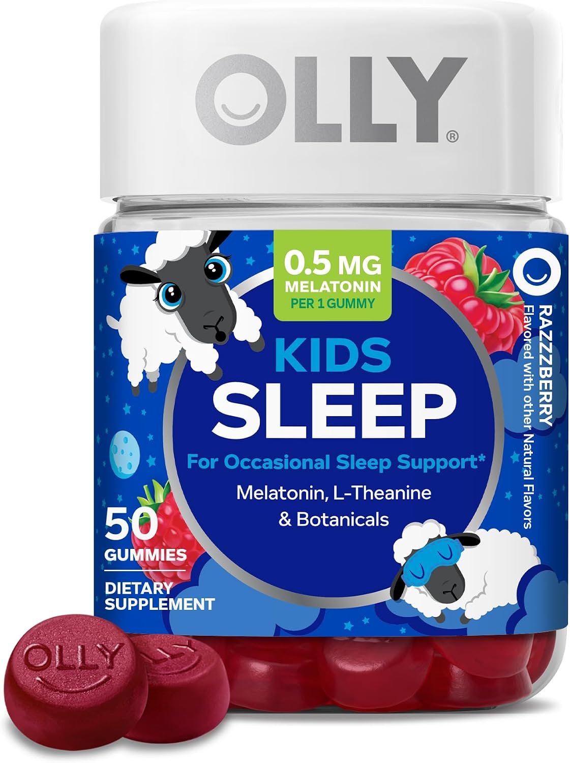 OLLY Kids Sleep Gummy, Occasional Sleep Support,* 0.5mg Melatonin, L-Theanine, Raspberry Flavored, 50 or 25 Day Supply – 50 Count
