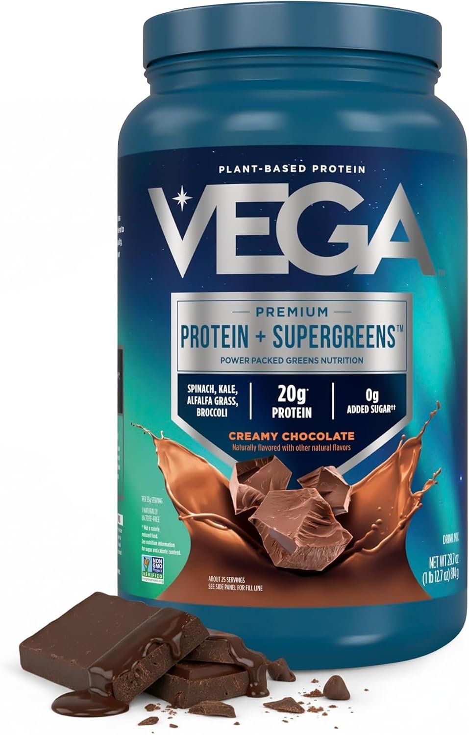 Vega Premium Protein + Supergreens, Chocolate – 20g Vegan Protein, Dairy & Gluten Free, 28.8 oz (25 Servings)