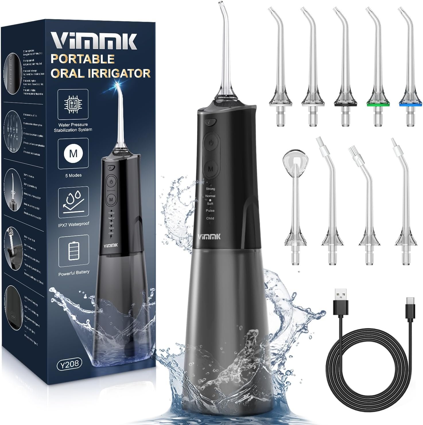 VIMMK Water Flosser, Cordless Water Dental Flosser, 9 Jet Tips 5 Modes 300ML IPX7 Waterproof, Portable Rechargeable Oral Irrigator for Home Travel – Gums, Orthodontic, Braces Care (Black)