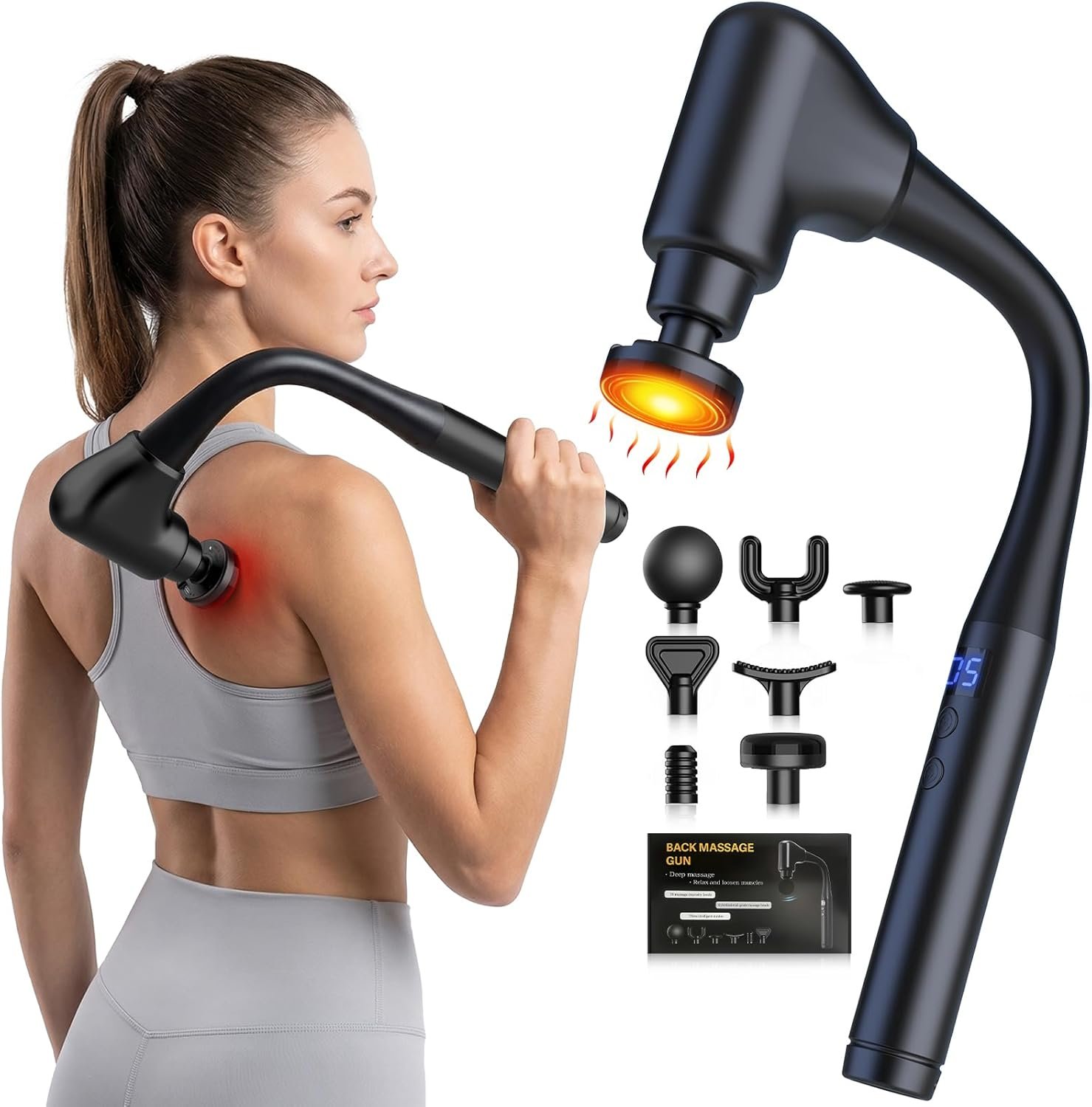 AERLANG Massager Gun with Heat Massage Gun with Extension Handle Fathers Day Gift for him Dad Back Massager Deep Tissue Muscle Massager Portable Percussion Massage Gun 10 Speeds& 7 Massage Heads | Muscle Massage Gun with Extension Handle Silent brushless motor Percussion Massager pain relief 10 Speeds& 7 Massage Heads