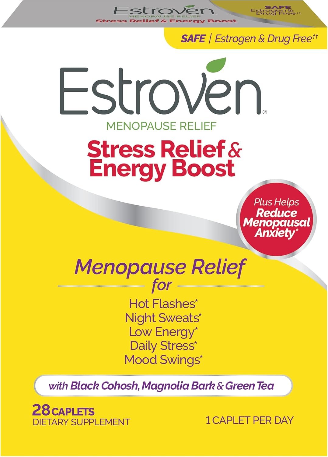 Estroven Stress Relief & Energy Boost for Menopause Relief – 28 Ct. – Clinically Proven Ingredients Provide Stress & Energy Support + Night Sweats & Hot Flash Relief – Drug-Free and Gluten-Free