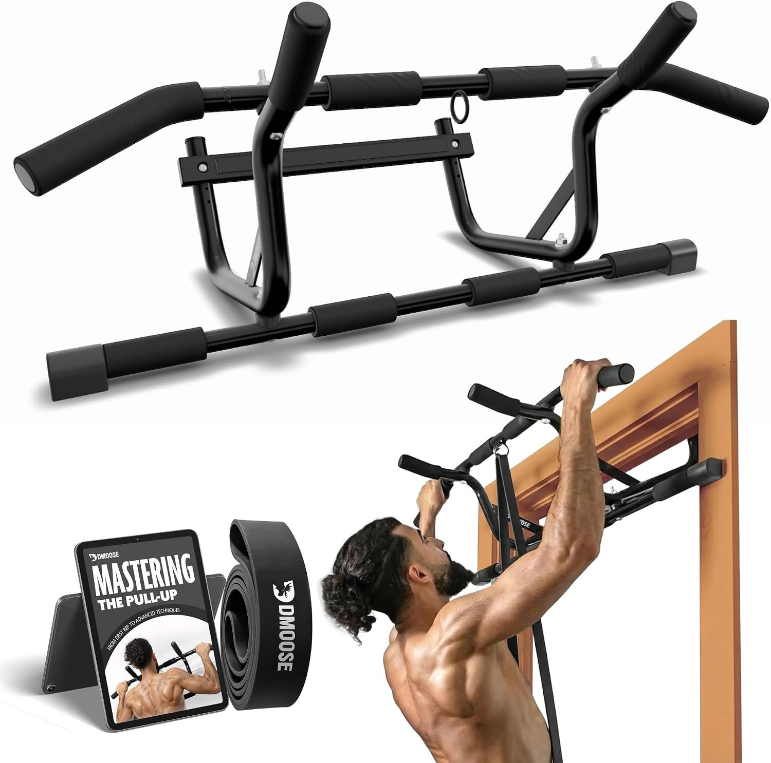 DMoose Fitness Pull Up Bar for Doorway – Upto 250 Lbs Capacity, No Screwing or Slipping, Hanging Pullup & Chin Up Bar for Door Frame – Multi Padded Grips for Strength Training with Installation Guide