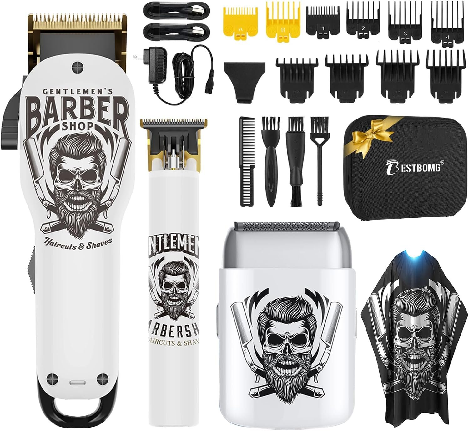 BESTBOMG® Hair Clippers for Men, Clipper, Trimmer & Shaver Set, BS-Y4T9 | Professional Hair Clippers for Men, Barber Grooming Kit, Zero-Gapped T-Blade & LED Display, Gifts for Men, White