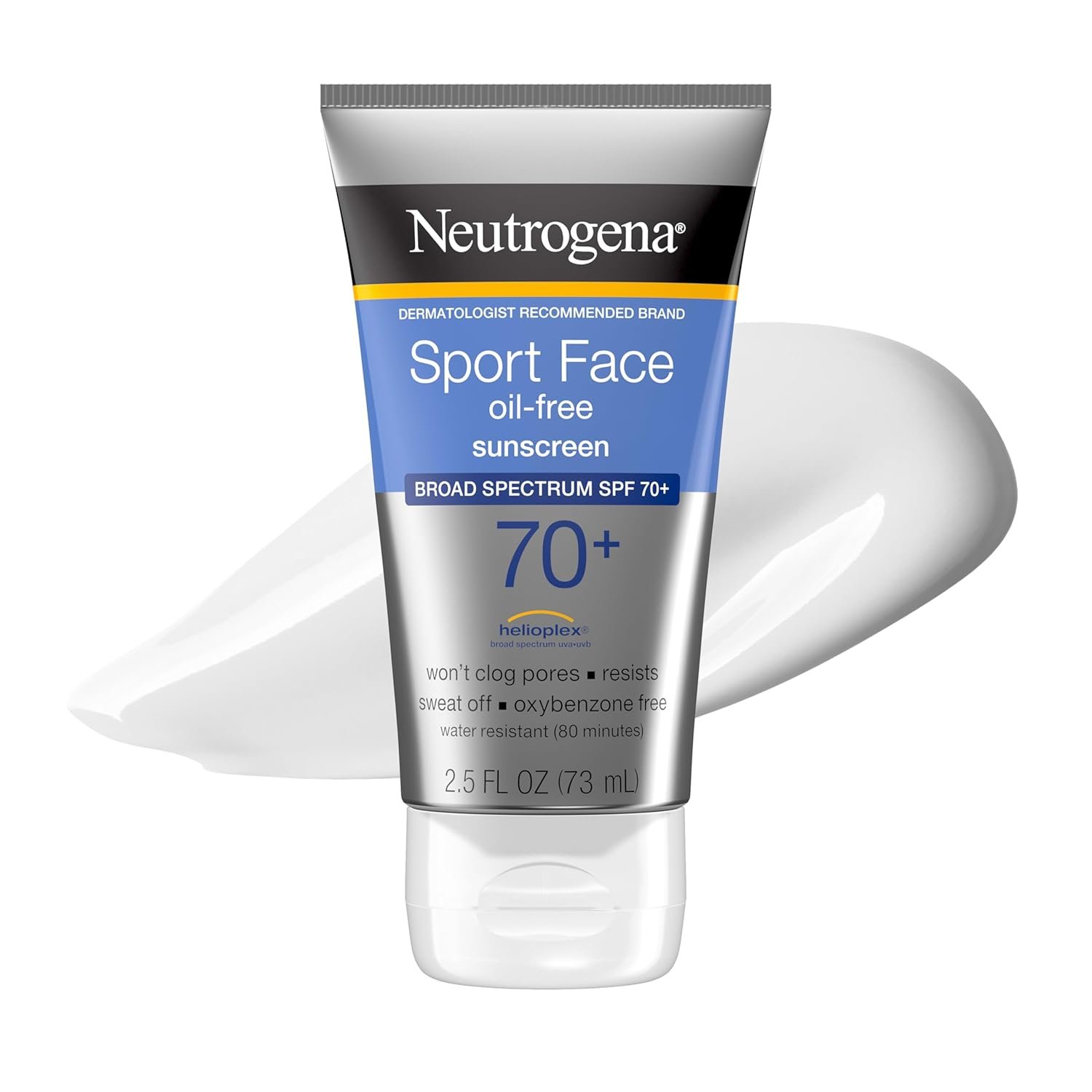 Neutrogena, Sport Face Sunscreen SPF 70+, Oil-Free, Sweat and Water-Resistant, Broad-Spectrum UVA/UVB, 2.5 Fl Oz