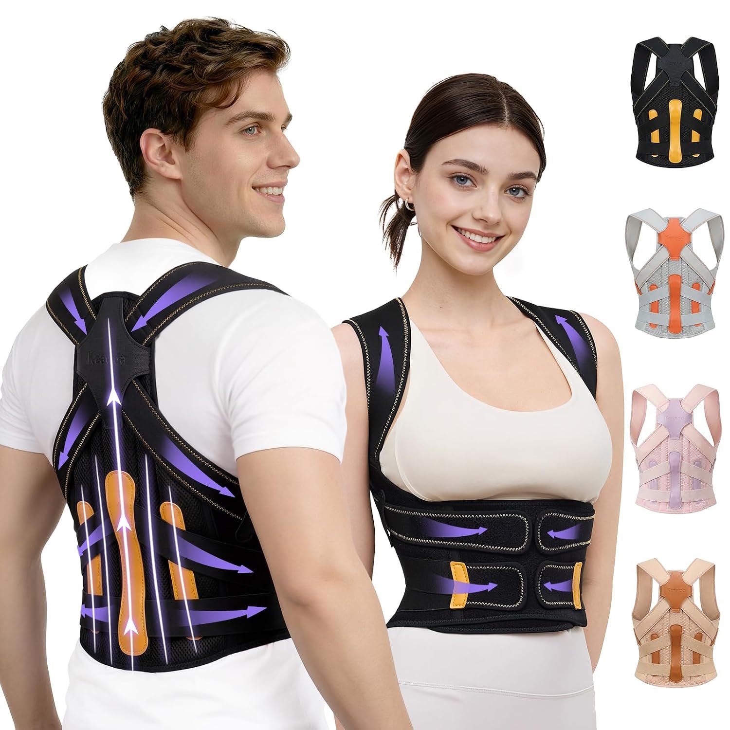 Kepwaa Posture Corrector for Women and Men, 5 Full Back Support Brace Rods, Adjustable Shoulder Straightener, Relief for Upper and Lower Back, Neck, Lumbar, Scoliosis, Hump, Black Yellow, Medium