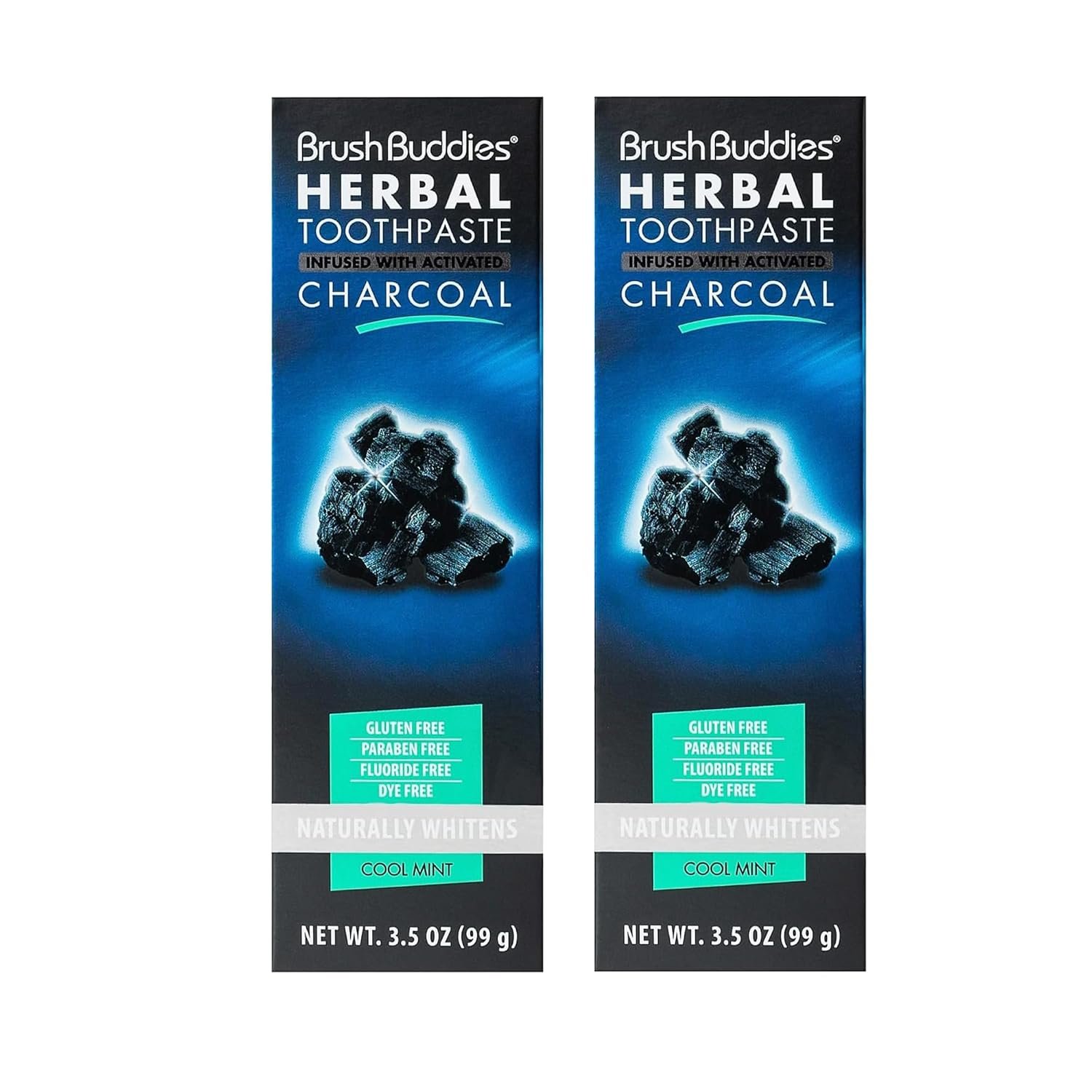 Brush Buddies Herbal Charcoal Toothpaste (2 Pack) 3.5 oz Each Activated Charcoal Whitening Toothpaste Fluoride Free Cool Mint Helps Remove Stains Freshens Breath Gentle Oral Care