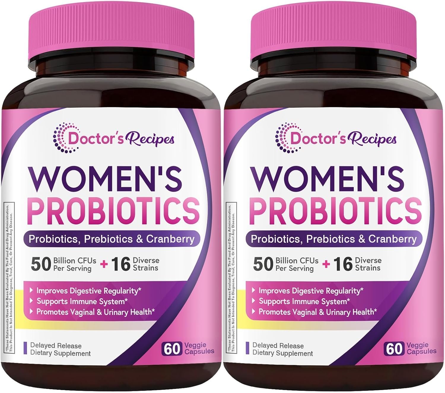 Doctor’s Recipes Women’s Probiotics, 120 Caps (2 Pack) 50 Billion CFU 16 Strains, with Organic Cranberry, Digestive Immune Vaginal & Urinary Health, Shelf Stable, Delayed Release, No Soy Gluten Dairy
