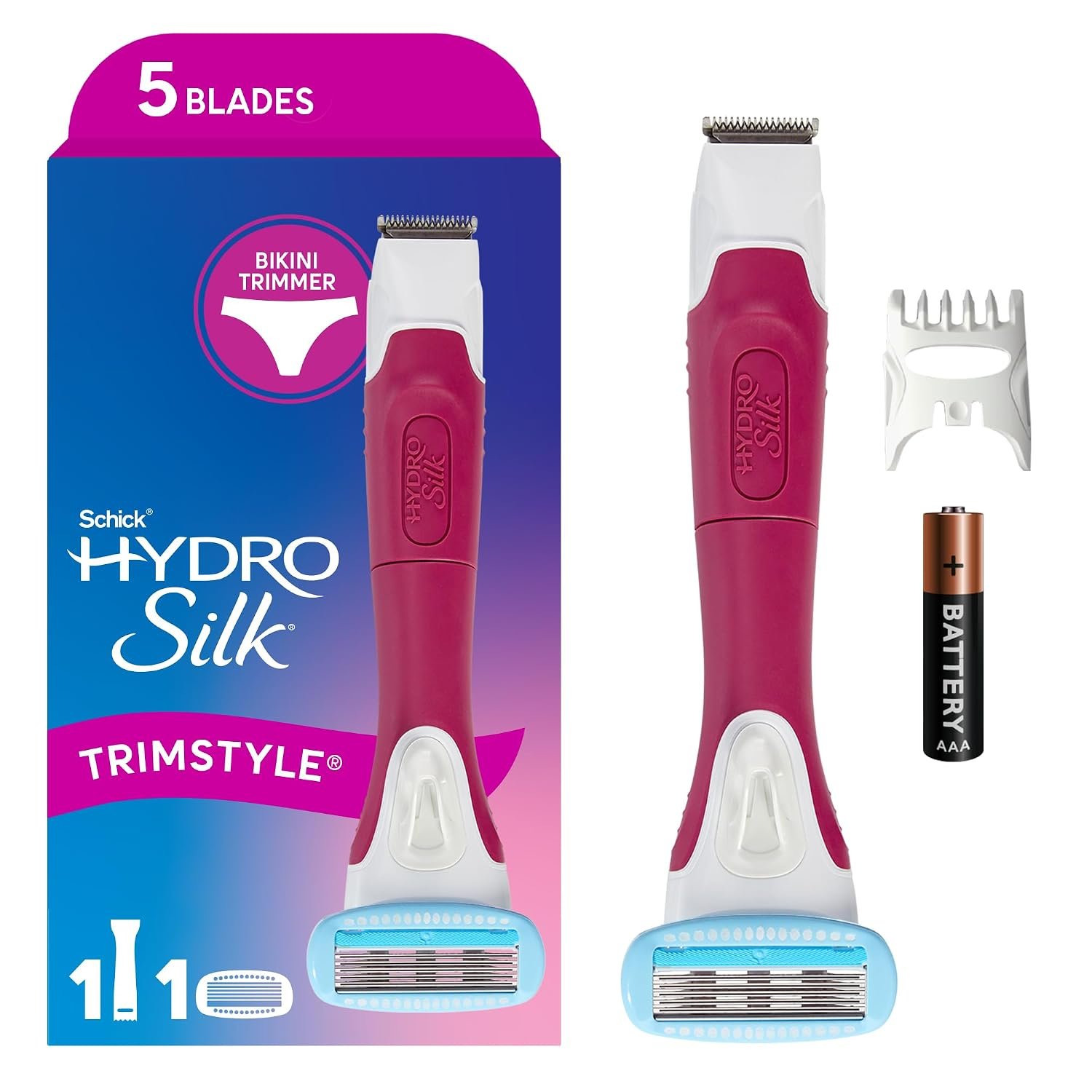 Schick Hydro Silk TrimStyle Razor with Bikini Trimmer for Women | 2-in-1 Bikini Razor for Women and Womens Trimmer for Pubic Hair, Includes 1 Waterproof Handle, 1 Refill & 1 AAA Battery