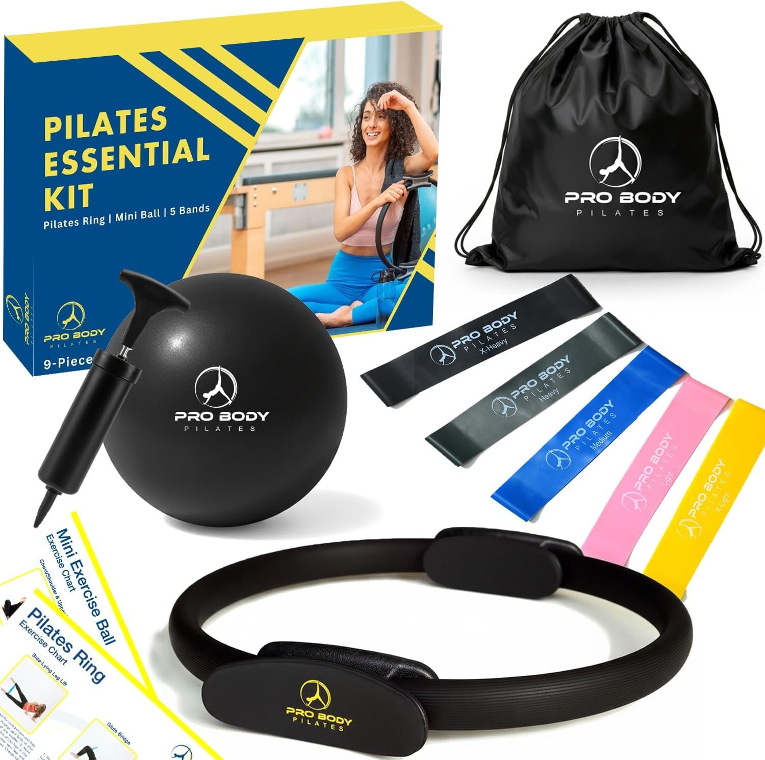ProBody Pilates Kit — 14 Inch Ring, 9 Inch Ball, 4 Bands & Pump | 13-Piece Set, 30 lb Squeeze, Storage Bag, Postpartum & At Home, Instructor Guides, Pilates Equipment, Starter Pilates Set