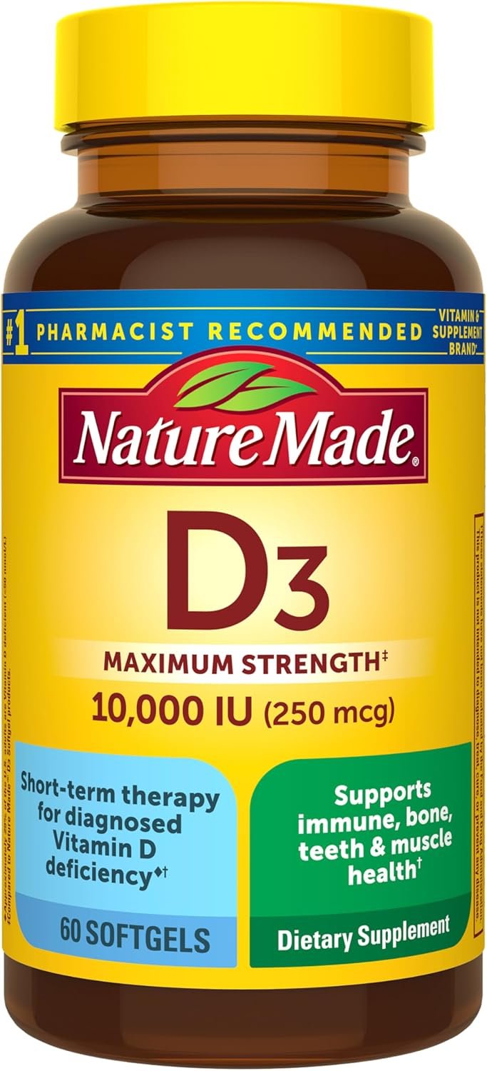 Nature Made Vitamin D3 10000 IU (250 mcg) Maximum Strength, 60 Softgels | Vitamin D Supplement for Immune, Bone, Teeth and Muscle Health Support, 60 Day Supply