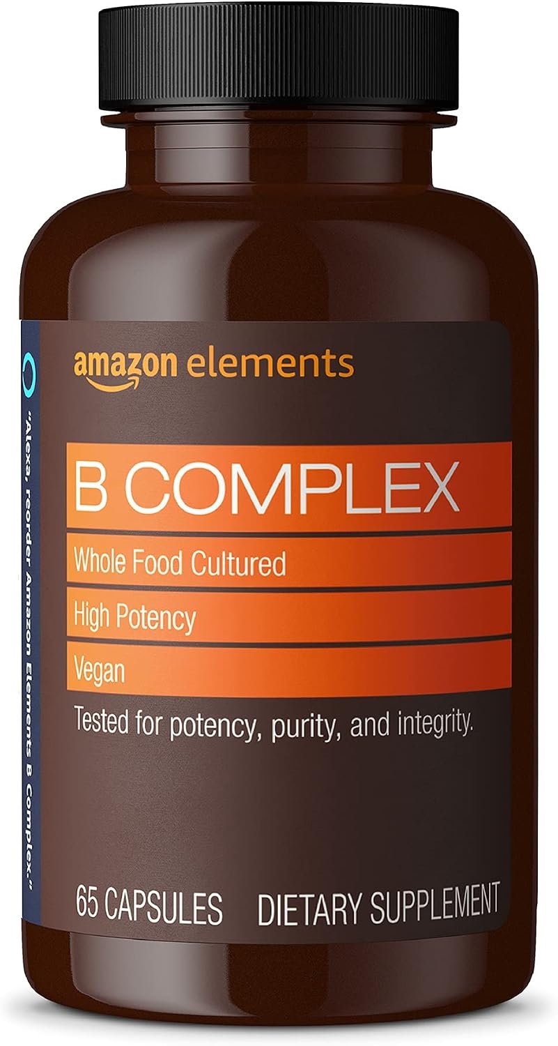 Amazon Elements – B Complex, High Potency, 83% Whole Food Cultured, Supports Immune and Normal Energy Metabolism, Vegan, 65 Capsules, b Complex Vitamins, 2 month supply (Packaging may vary)