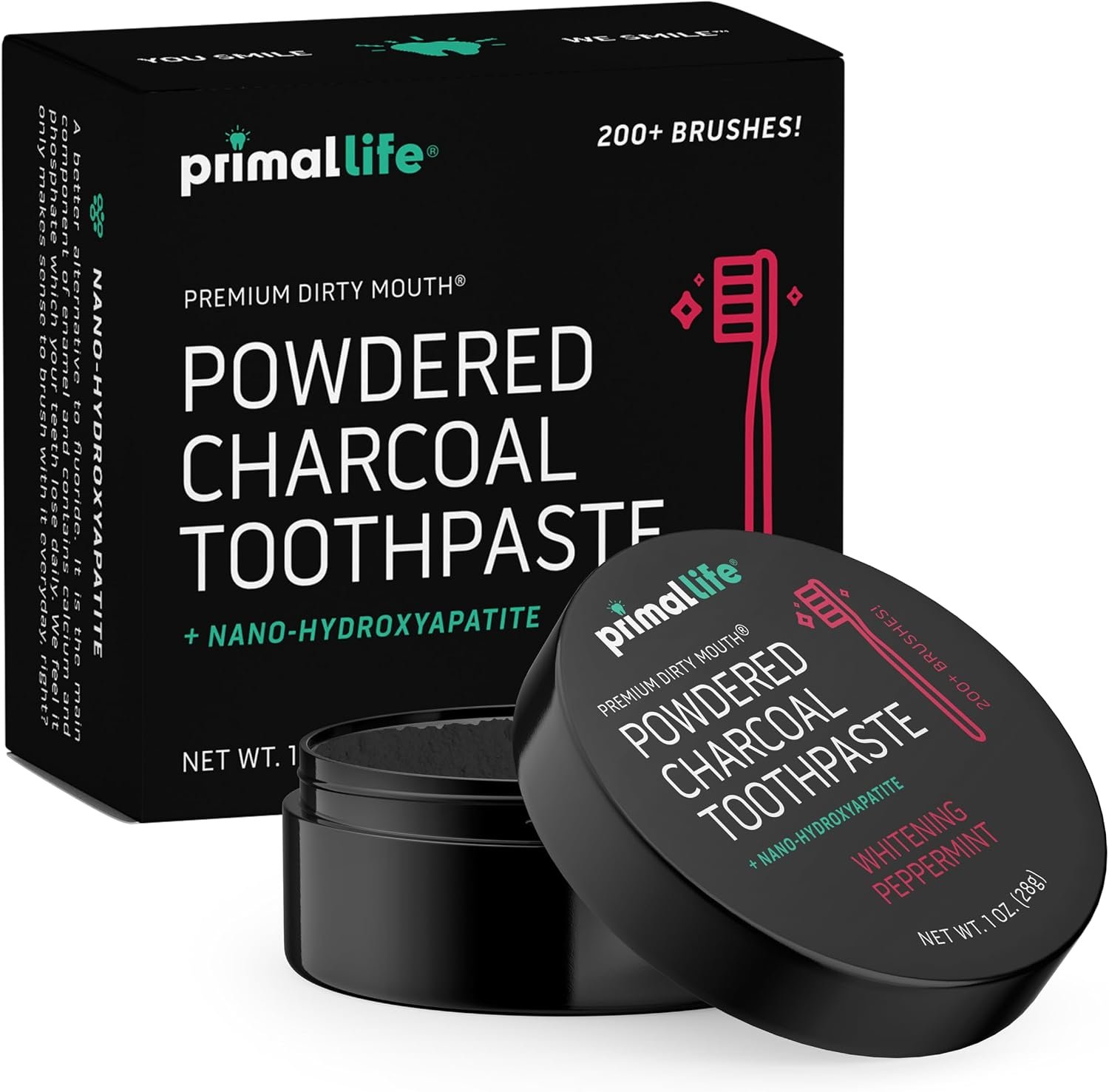 Primal Life Organics – Dirty Mouth Toothpowder, Activated Charcoal Tooth Cleaning Powder, Essential Oils with Kaolin & Bentonite Clay, Good for 200+ Brushings, Organic, Vegan (Black Peppermint, 1 oz)