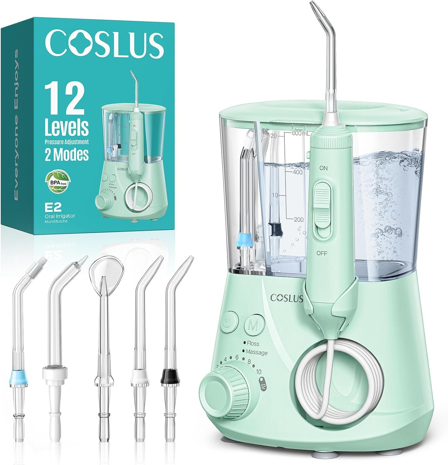 COSLUS E2 Water Dental Flosser for Teeth Cleaning, Multi-User Family Use | 12 Pressure Settings & 2 Modes for Orthodontic, Braces, Sensitive, Patented Storage, 5 Jet Tips and 600ML Tank Home, Green