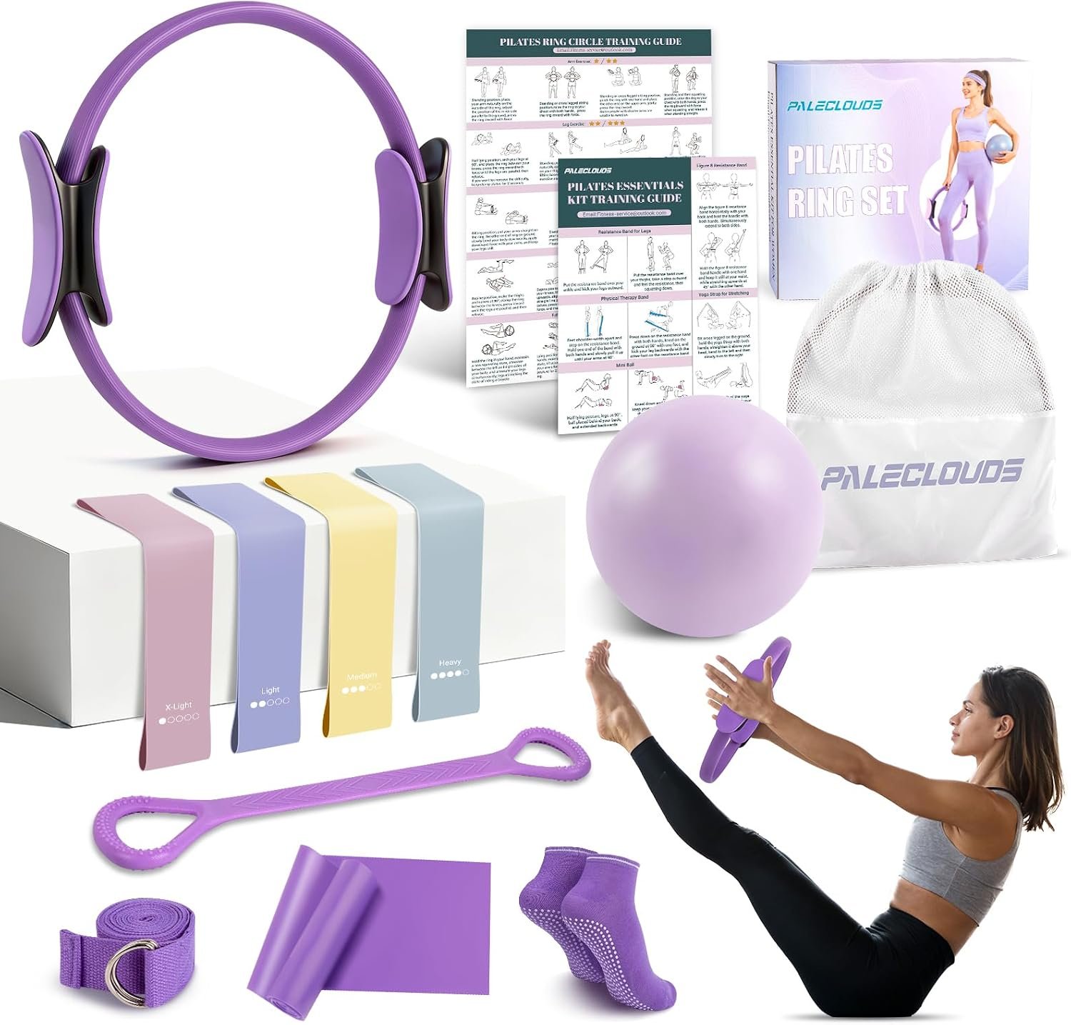 Pilates Ring Set for Women, 12″ Pilates Ring and Ball Set with Resistance Bands for Home Workouts, Portable Pilates Kit with Bag & 2 Training Poster for Full Body Exercise
