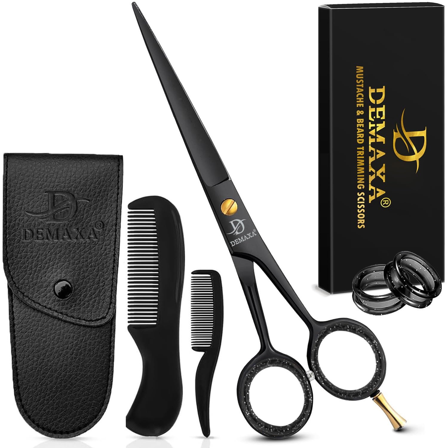 DEMAXA 5″ Professional Beard Scissors for men Mustache Scissors with 1 Mustache Comb, 1 Beard Comb & Soft Pouch – Prefect Beard shears mustache kit for All Facial Hair – moustache Grooming kit for Men
