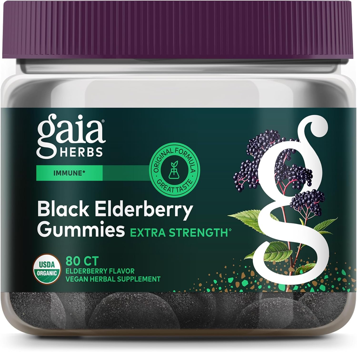 Gaia Herbs Black Elderberry (Sambucus nigra) Extra Strength Gummies – Delicious Immune Support Supplement* – Certified Organic Black Elderberries for Immune System Support* – 80 Gummies (40 Servings)