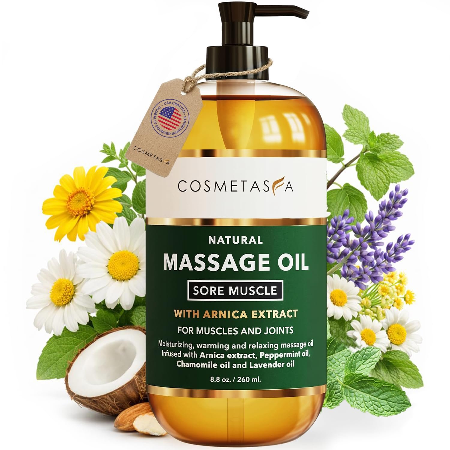 Cosmetasa Sore Muscle Massage Oil – 8.8 oz, Soothes Muscle and Joint with Arnica Extract, Peppermint, Chamomile, and Lavender Oil (8.8 oz, Sore Muscle)