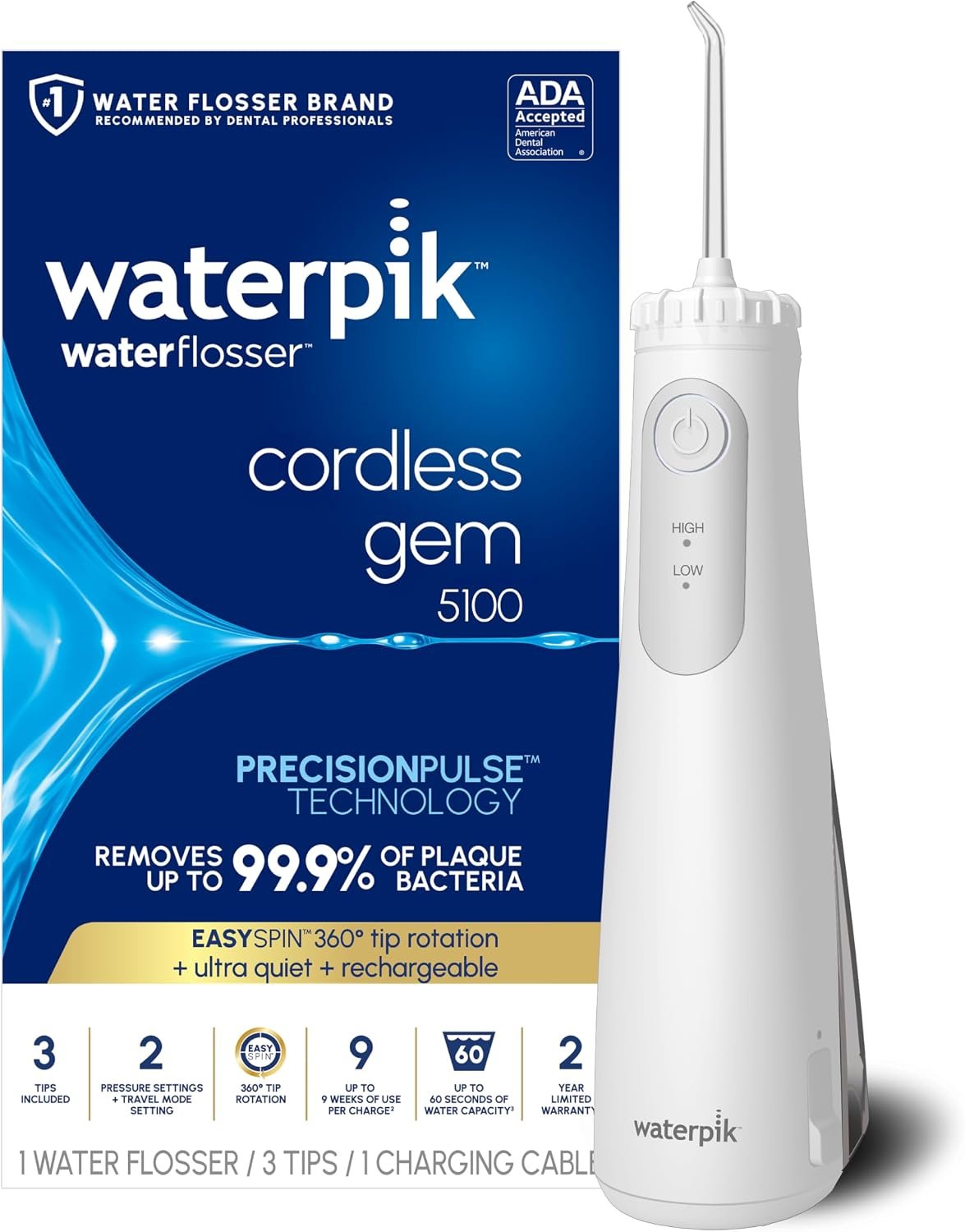 Waterpik Cordless Gem 5100 Portable Water Flosser, Rechargeable, White | 2 Settings, 3 Tips, Travel Mode & Bag, for Gums, Teeth, Braces, Implants, Shower Use, ADA Accepted, WF-27 Packaging May Vary