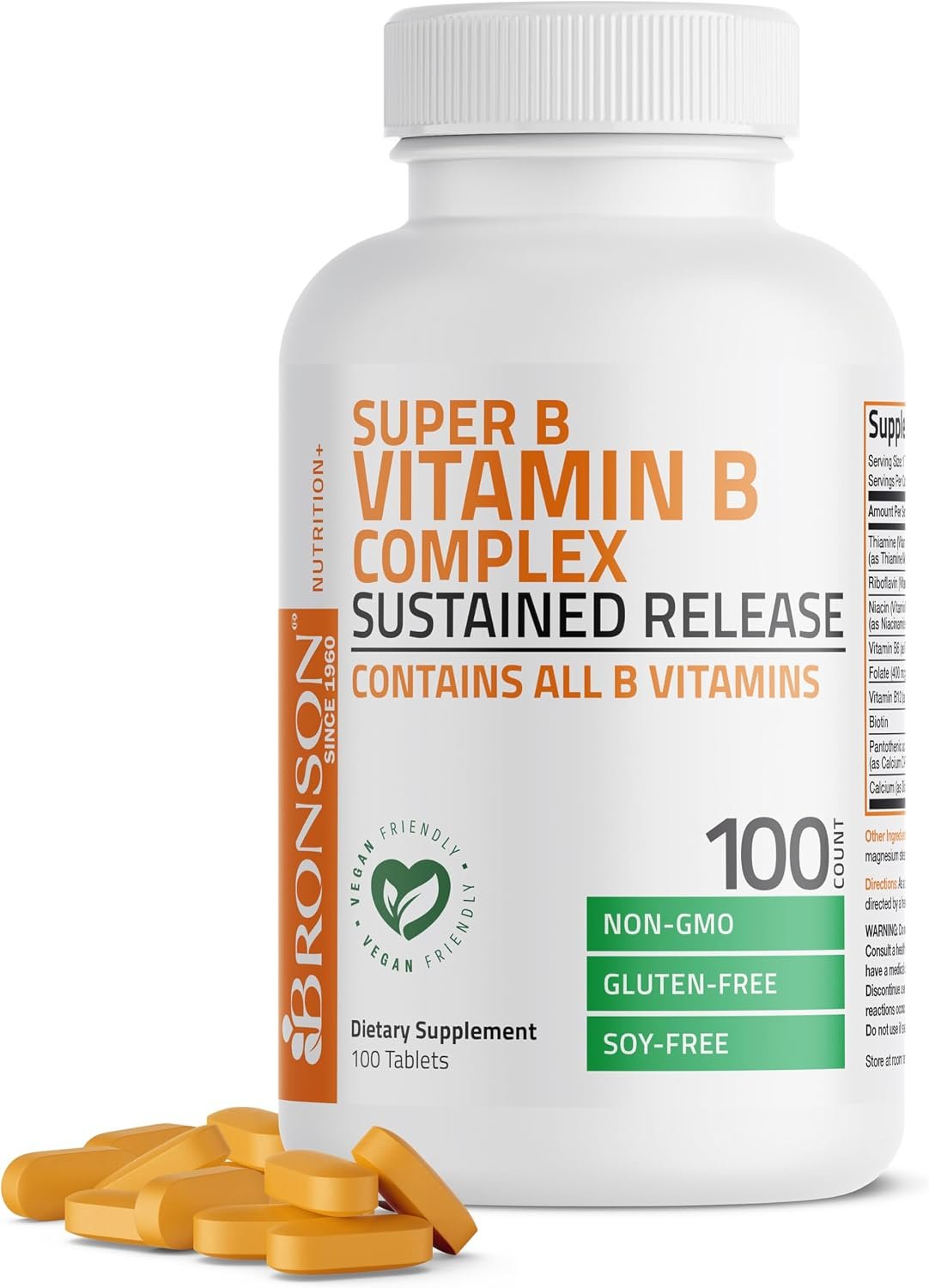 Bronson Super B Vitamin B Complex Sustained Release for Energy, 100 Tablets | B1, B2, B3, B6, Folic Acid, B12, Biotin & Pantothenic Acid, One-Tablet Formula, Non-GMO, Gluten-Free & Soy-Free