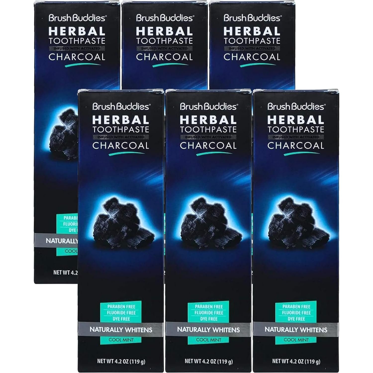 Brush Buddies Charcoal Toothpaste 6 Pack 3.5 oz Activated Charcoal Whitening Toothpaste Fluoride Free Cool Mint Herbal for Sensitive Teeth Bad Breath and Stains