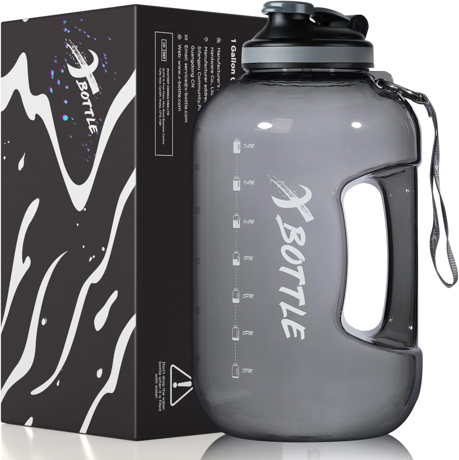 1 Gallon BPA Free Dishwasher Safe 128oz Large Water Bottle with Motivational Time Marker and Handle – Leak-proof Big Black Water Jug for Camping, Sports, Workouts (Chug Lid)