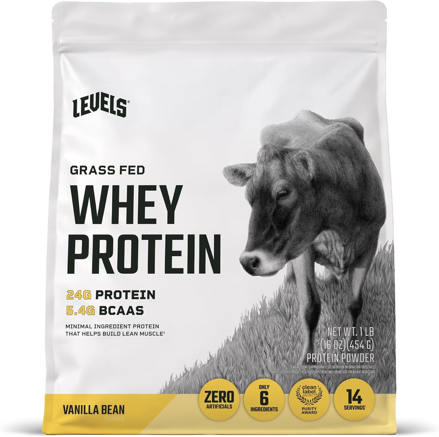 Levels Whey Protein Powder, No Artificial Ingredients, Vanilla Bean, 1LB | 24G of Protein, 5.4G BCAAs, Clean Ingredients, Hormone Free Dairy, No Fillers, No Added Sugar, No Junk