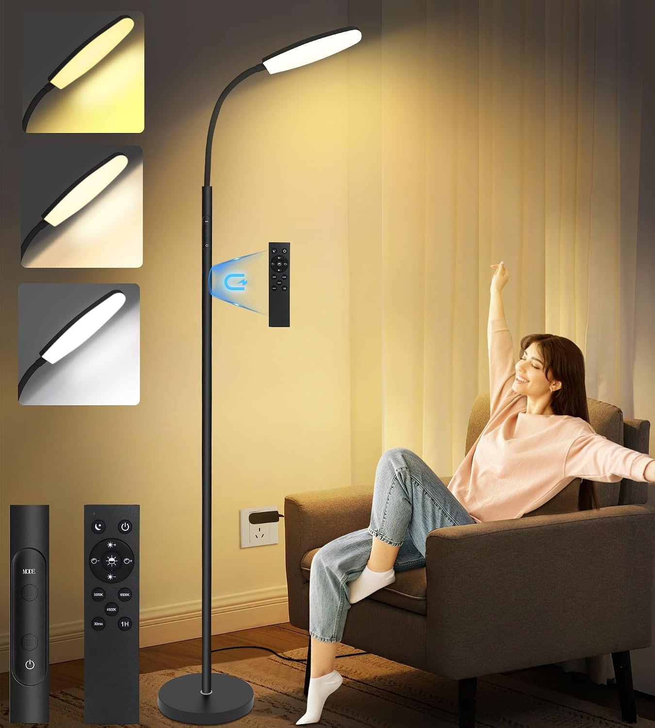 LanSuper 10000 Lux Light Therapy Happy Lamp, UV-Free Sunlight Floor Lamp | Full Spectrum, Remote & Button Control,10 Color Temperature, 6 Brightness,Timer, 360° Adjustable Curved Neck,Memory Function