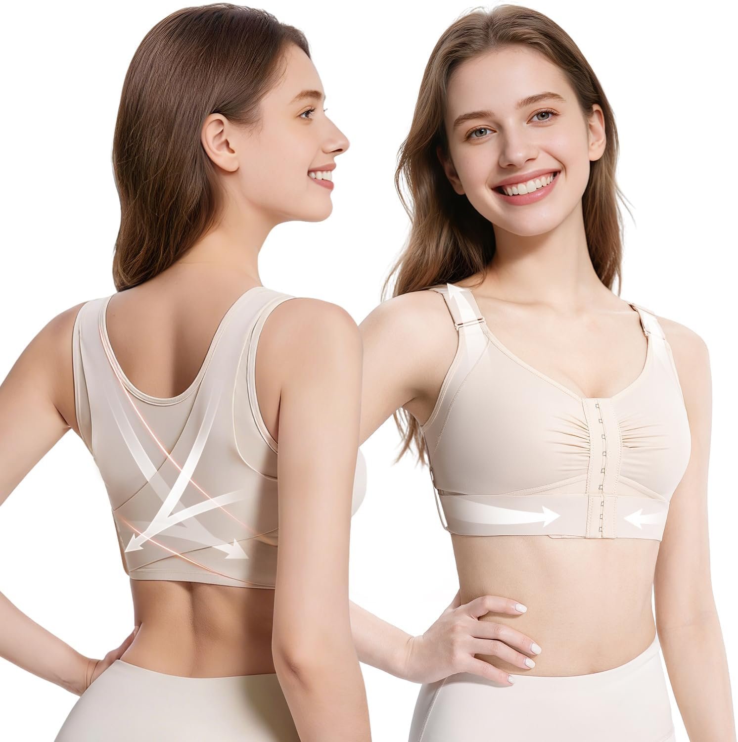 Fit Geno Posture Bra for Women: Wireless Front Closure Posture Corrector Bra with Wide Adjustable Straps – Back Shoulder Pain Relief & Better Posture (Small) Beige