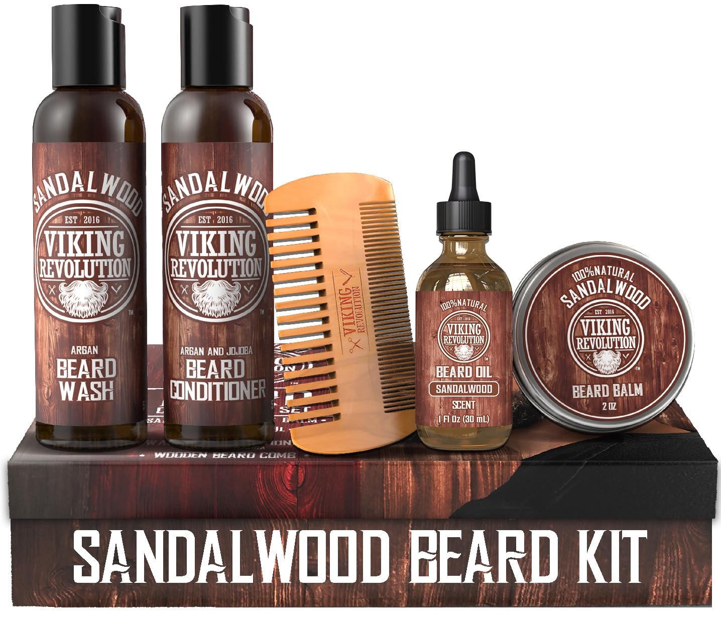 Viking Revolution Ultimate Conditioner for Men’s Beard Grooming – Softens, Smoothes and Soothes Beard Itch- Contains Wash, Conditioner, Oil, Balm and Comb- Sandalwood Scent