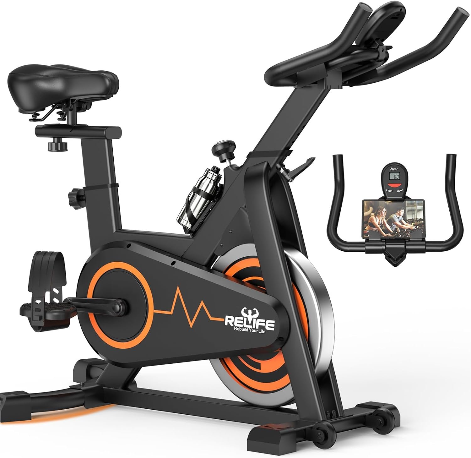 RELIFE REBUILD YOUR LIFE Exercise Bike Stationary for Home Indoor,Cycling Bike with Silent Belt Drive for Home Cardio,Brake Pad Resistance with djustable & Comfort Seat/PAD Holder/LCD Monitor.