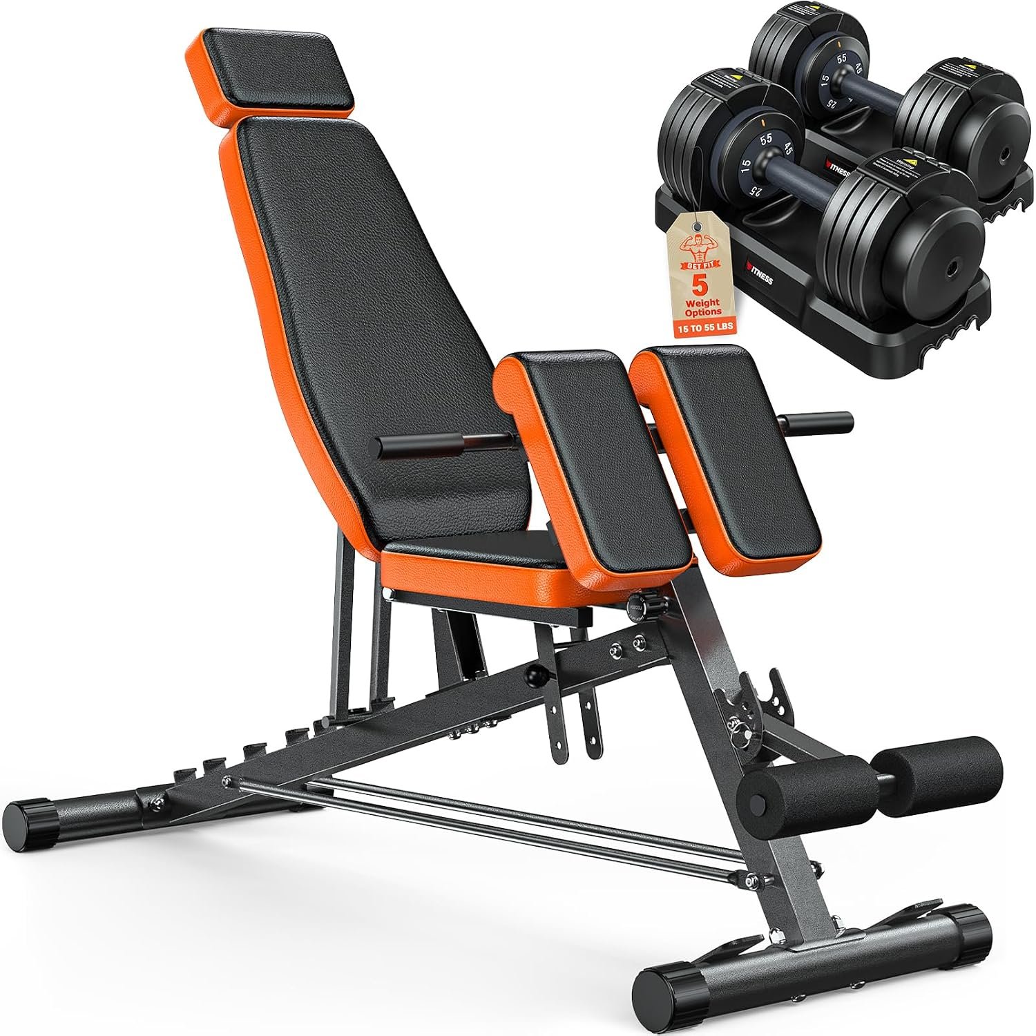 Rendpas Adjustable Dumbbell Set with Roman Chair, Home Gym Combo with Adjustable Dumbbells, 4-in-1 Roman Chair, Back Extension Bench, Hyperextension Bench for Full Body Strength Training