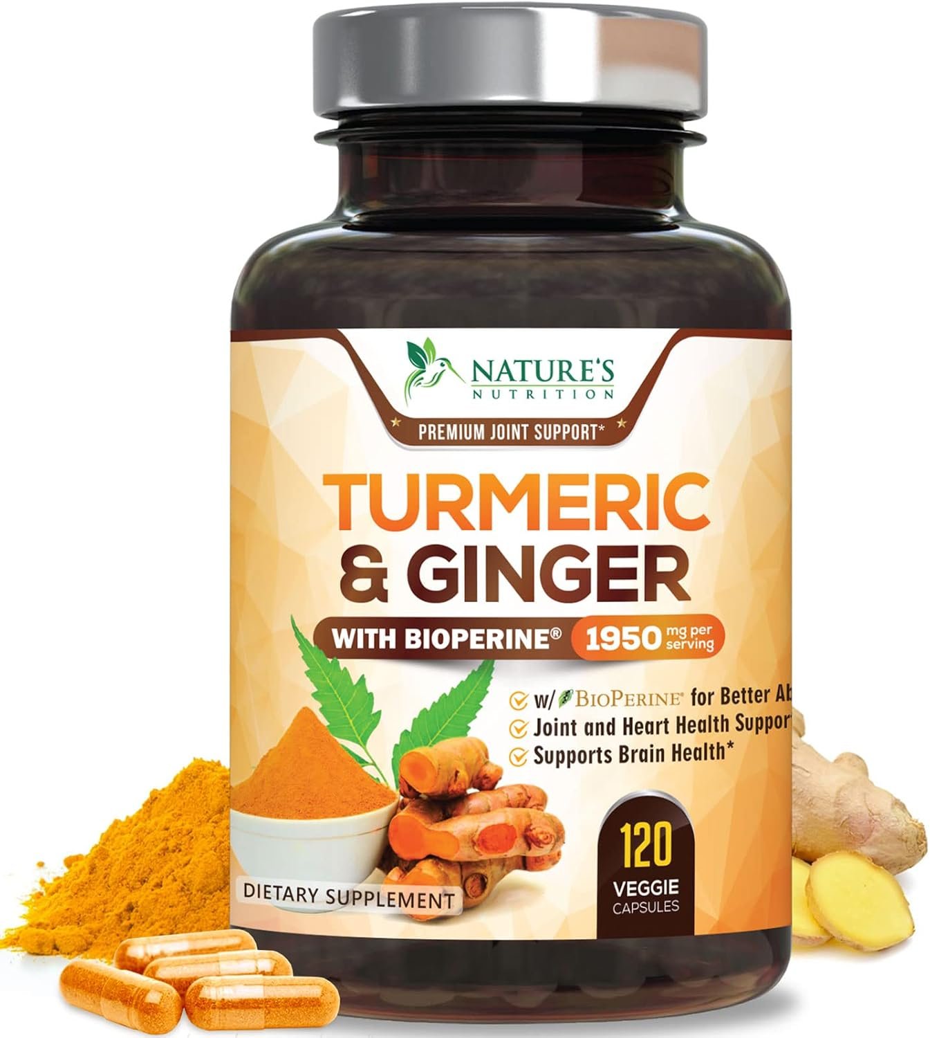 Turmeric Curcumin Supplement – 95% Curcuminoids with Organic Turmeric & Ginger, BioPerine Black Pepper Extract for Best Absorption, Natural Vegan Joint Support, Non-GMO, Bottled in USA – 120 Capsules