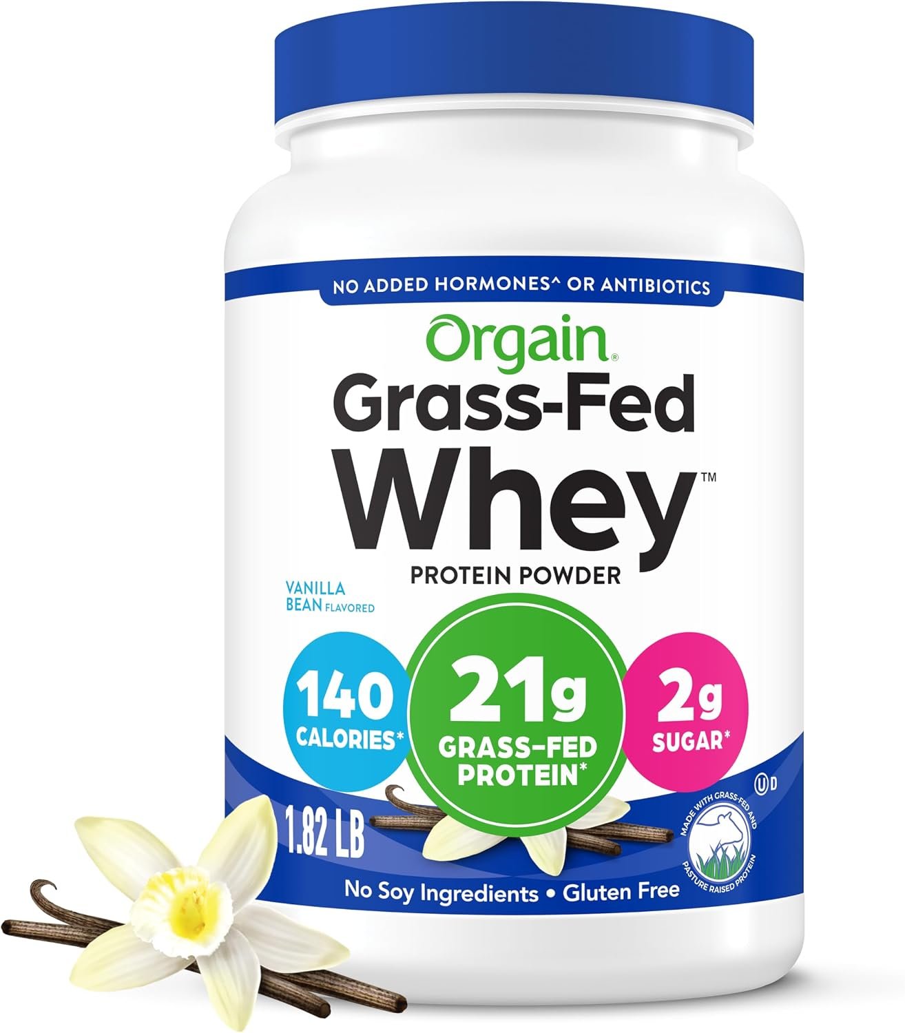 Orgain Whey Protein Powder, Vanilla Bean, 21g Grass Fed Dairy Protein, 5g BCAAs, 3g Prebiotic Fiber, 2g Sugar, No Added Hormones, Gluten Free, Kosher, for Shakes & Smoothies, 1.82 lb