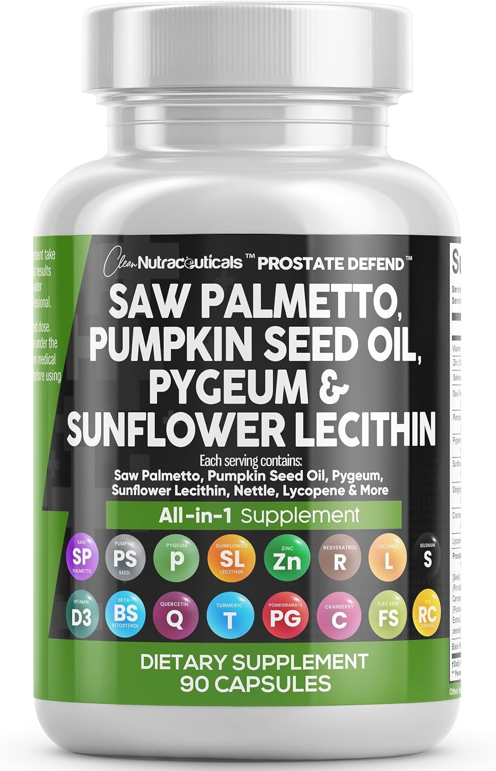 Clean Nutraceuticals Saw Palmetto Pumpkin Seed Oil Pygeum Sunflower Lecithin Stinging Nettle Cranberry – Prostate Supplements for Men with Lycopene – 90 Caps