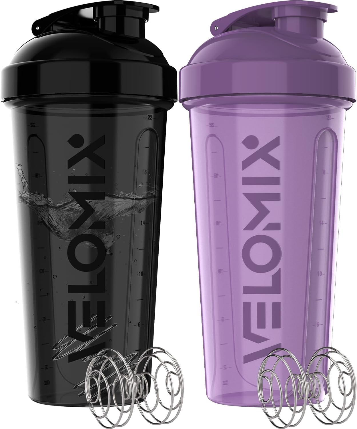 VELOMIX 2 Pack 28oz Protein Shaker Bottle for Protein Mixes, Purple/Black | 2x Wire Whisk, Leak Proof Shaker Cups for Protein Shakes, Stackable, Dishwasher safe, BPA free, Pre Workout and Fitness ready