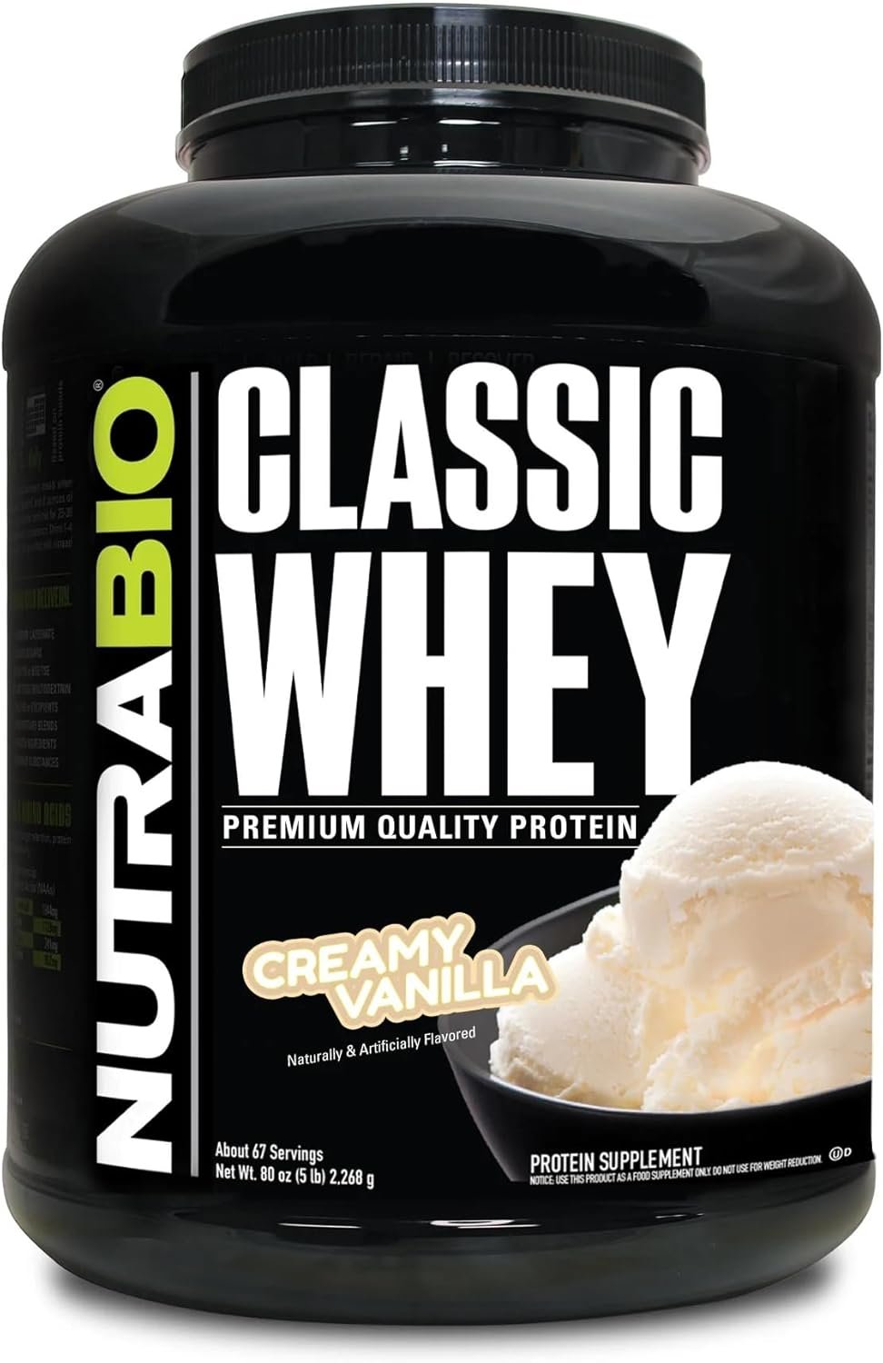NutraBio Classic Whey Protein Powder- 25G of Protein Per Scoop – Full-Spectrum Amino Acid Profile – No Fillers, Artificial Colors, Preservatives – Low Glycemic Index – Creamy Vanilla, 5 Pounds