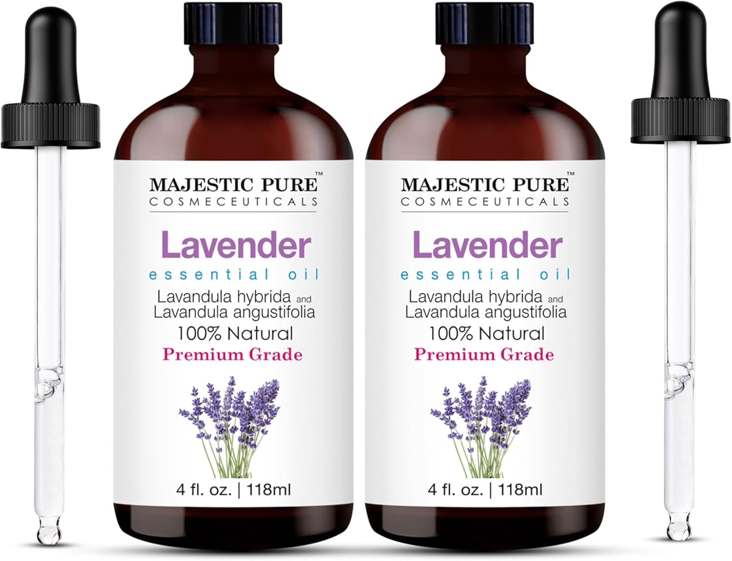 Majestic Pure Essential Oil with Glass Dropper – 100% Pure and Natural – Essential Oils for Diffuser, Aromatherapy, Soap and Candle Making, Lavender Essential Oil, Lavender Oil, 4 Fl Oz Pack of 2