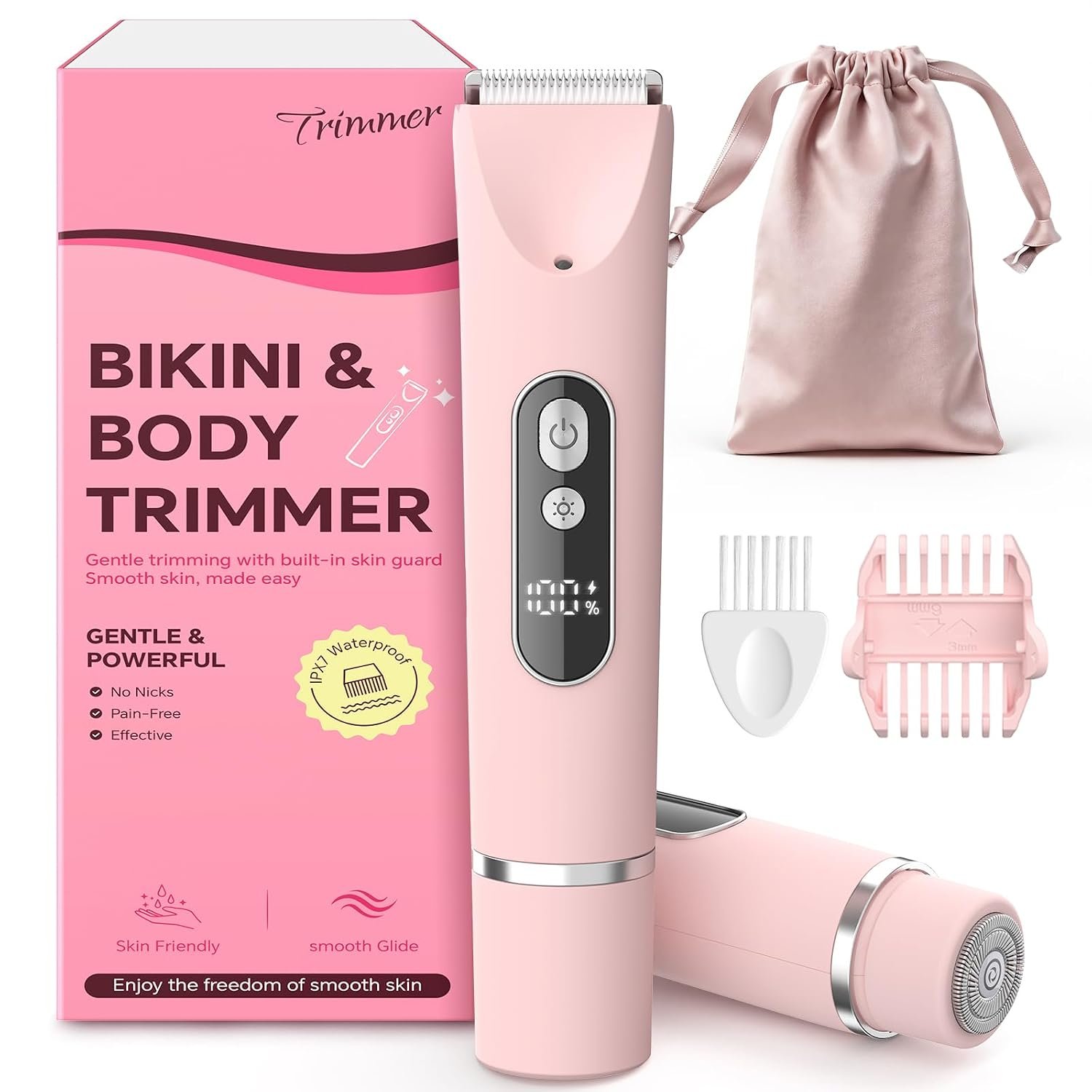 Bikini Trimmer for Women,Smooth Electric Razor for Sensitive Skin, IPX7 Waterproof Wet & Dry Cordless Body Shaver & Grooming Set for Bikini Area, Pubic Hair, Face, Underarms & Legs (Pink)