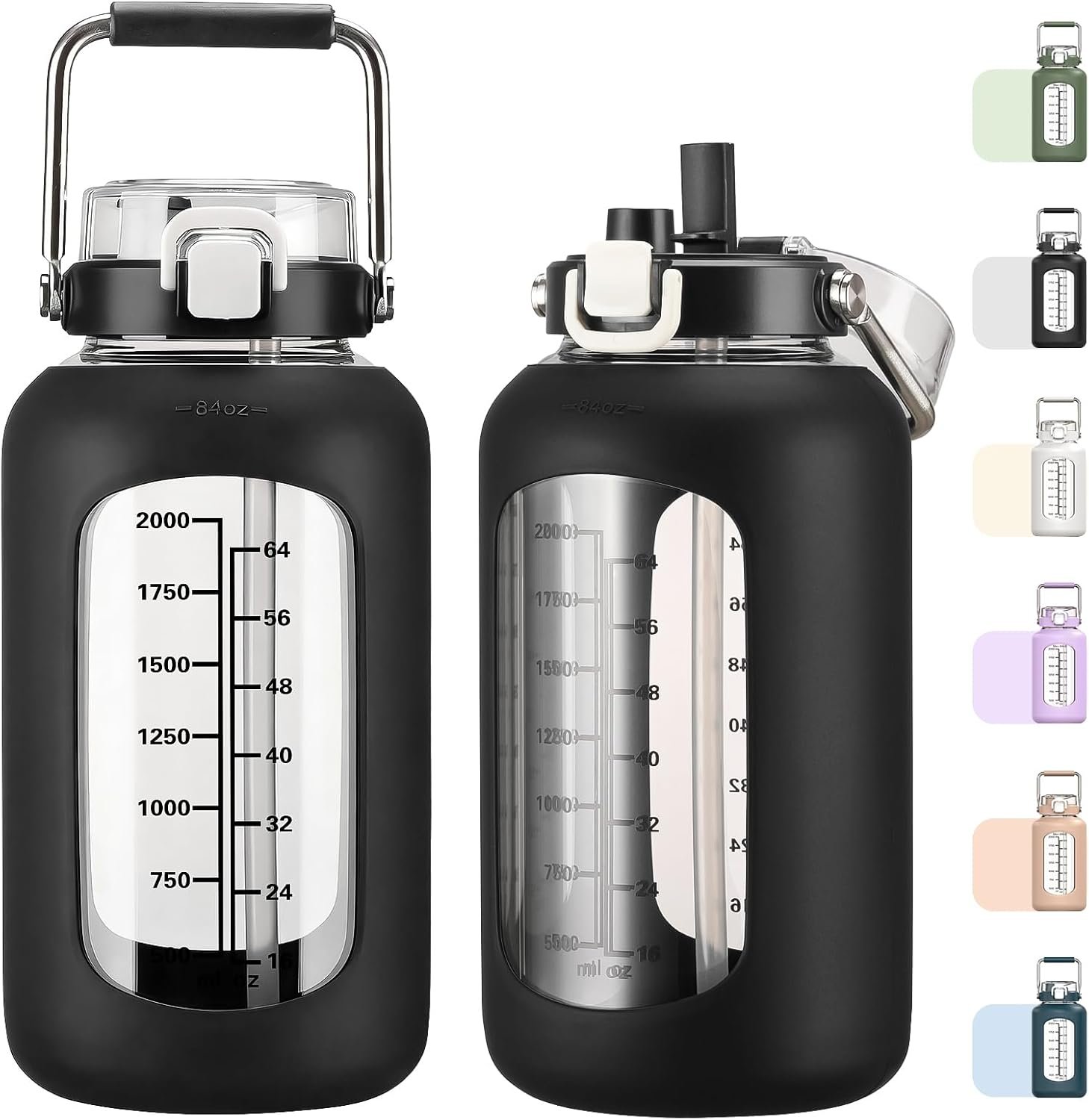 MUKOKO 84oz Glass Water Bottle with Time Marker and Silicone Sleeve 2.5L Water Jug with Stainless Steel Handle Gallon Drinking Bottle with 2-in-1 Lid Wide Mouth BPA Free, Black