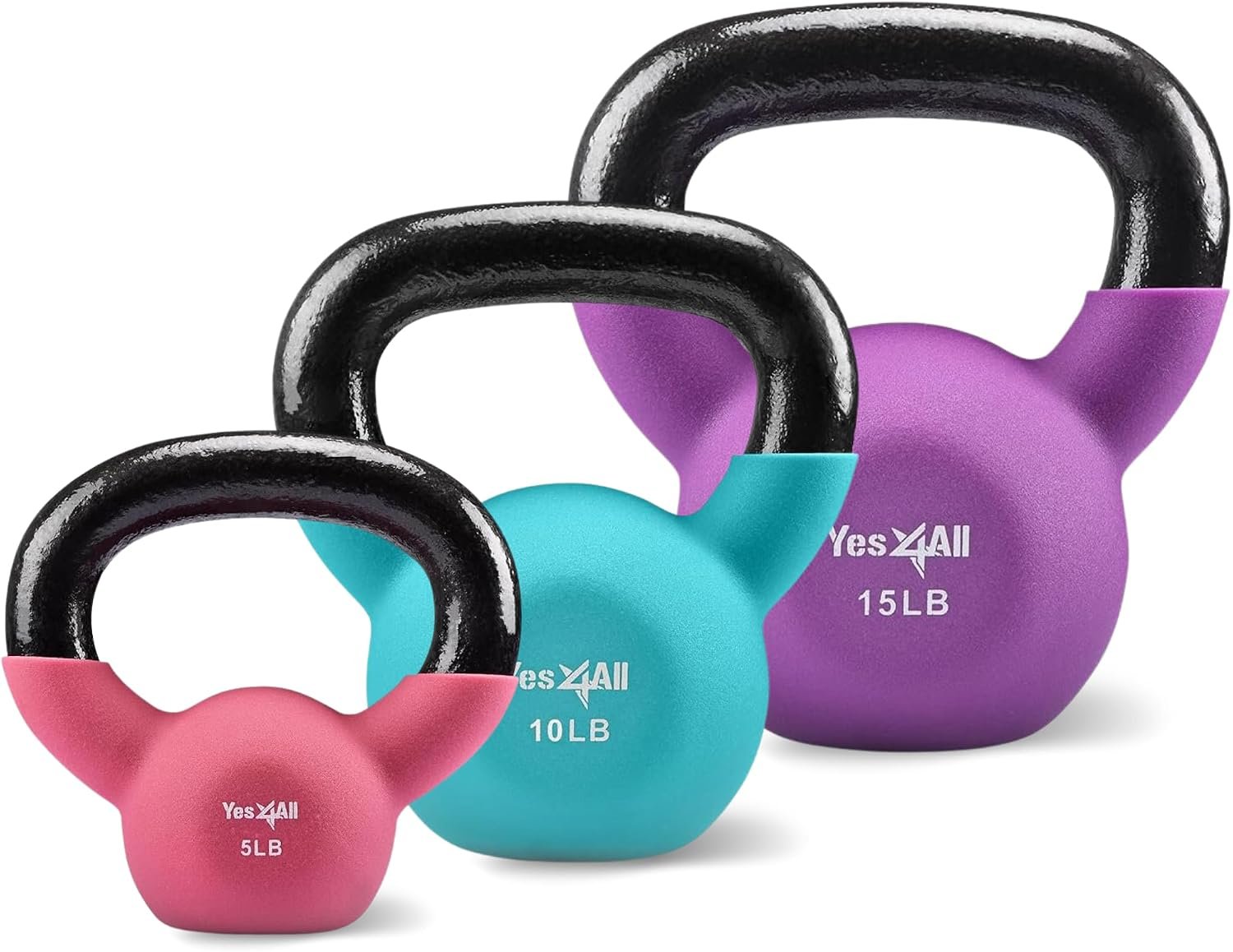 Yes4All Kettlebell – 5, 10 & 15 LB Neoprene Coated Cast Iron Kettlebells, Wide Grip Handle & Flat Bottom for Swings, Squats, Deadlifts, Push Ups & Full Body Training at Home Gym