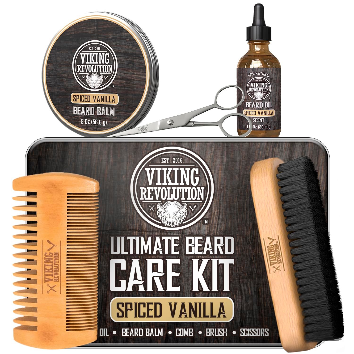 Viking Revolution – Ultimate Beard Kit Spiced Vanilla – Beard Grooming Kit for Men with Beard Brush, Beard Comb, Beard Balm, Beard Oil, Beard and Moustache Scissors – Husband Gifts for Men