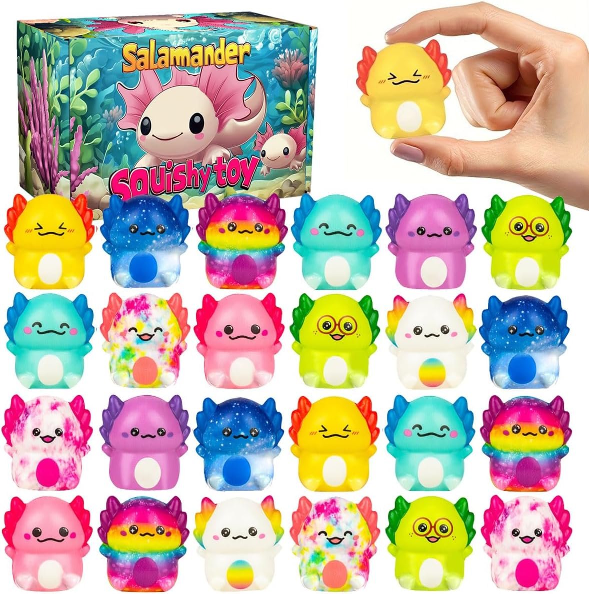 24 Pack Axolotl Slow Squishy Toys Soft Stress Relief Fidgets Toys for Kids Boys Girls Party Favors Novelty Prizes (Muti)