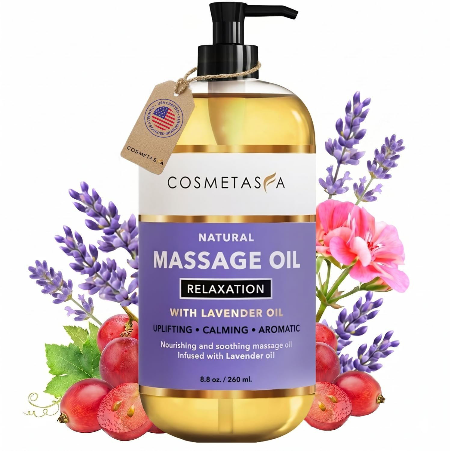 Cosmetasa Lavender Massage Oil for Massage Therapy – All Natural, Cruelty-Free & Spa Quality Skin Therapy Oil, Calming & Soothing Care – Lavender, Geranium & Grapeseed Oil (8.8 oz)